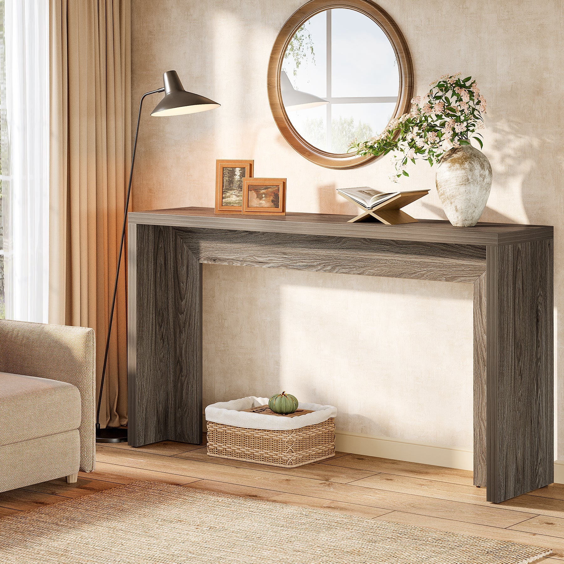 140cm Farmhouse Console Table with Storage, Narrow Wooden Entryway Sofa Table for Hallway, Foyer, or Living Room