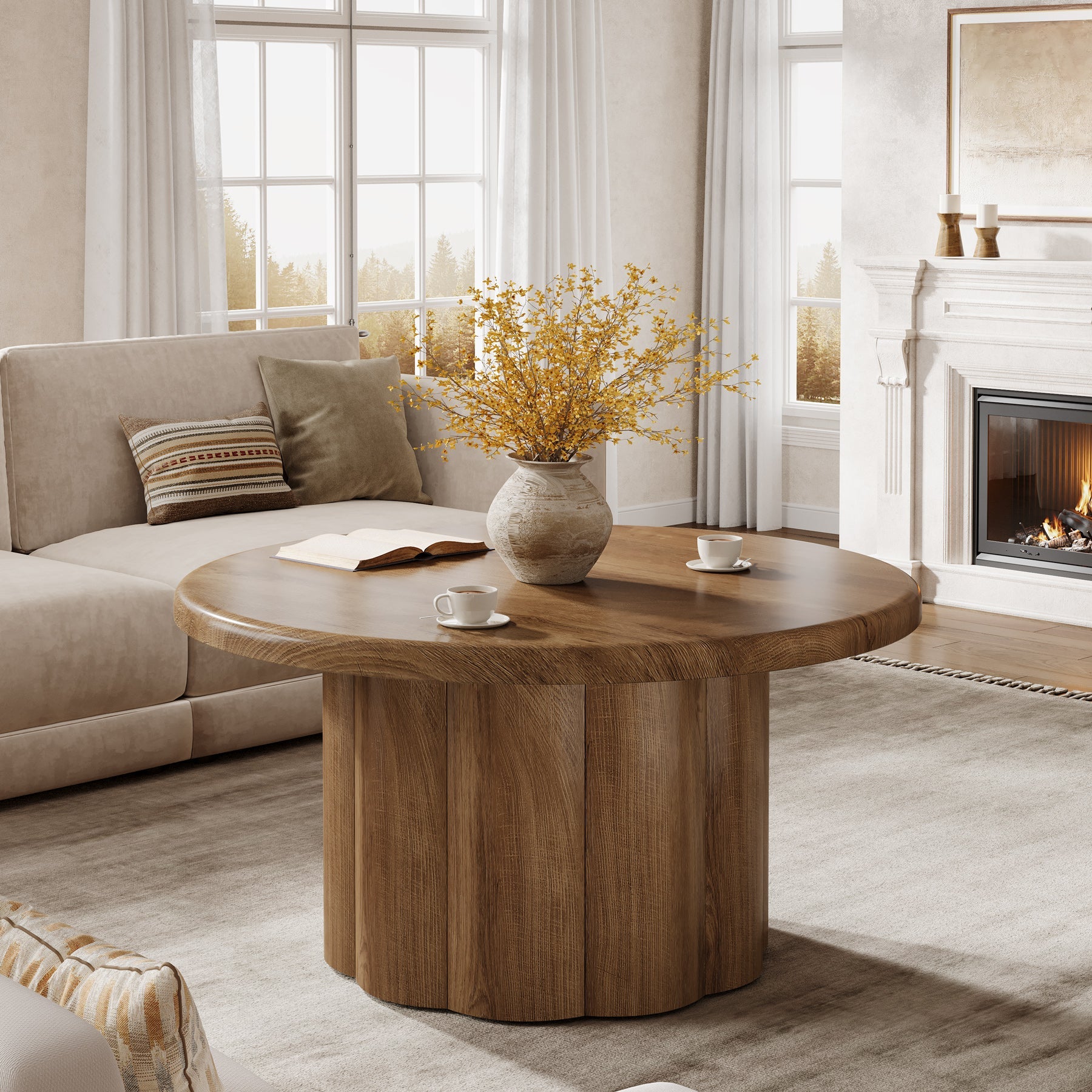 31.5" Rustic Fluted Drum Table, Round Farmhouse Center Table for Cozy Living