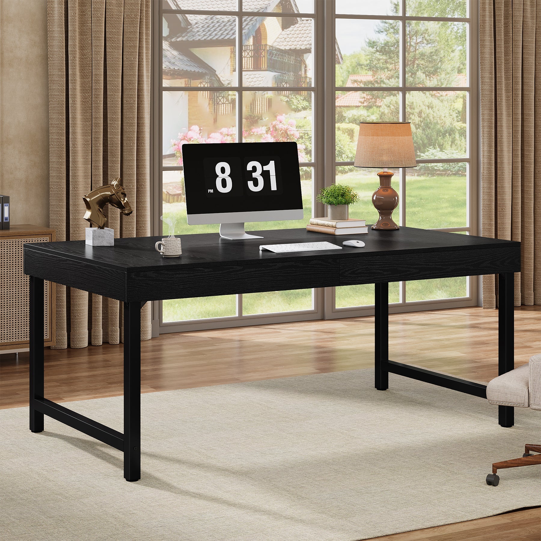 55" Industrial Executive Desk, Rustic Office Desk with Metal Legs, Study & Conference Workstation