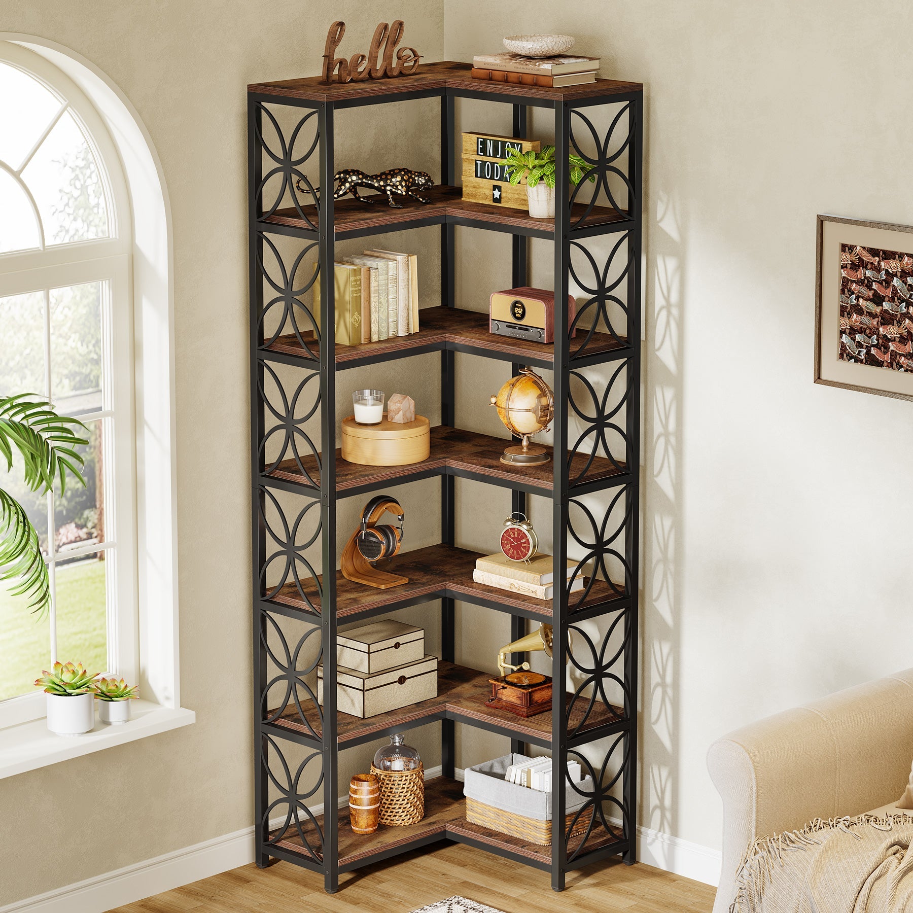 79" 7-Tier L-Shaped Corner Bookshelf, Tall Wood Bookcase with Metal Frame for Living Room or Office