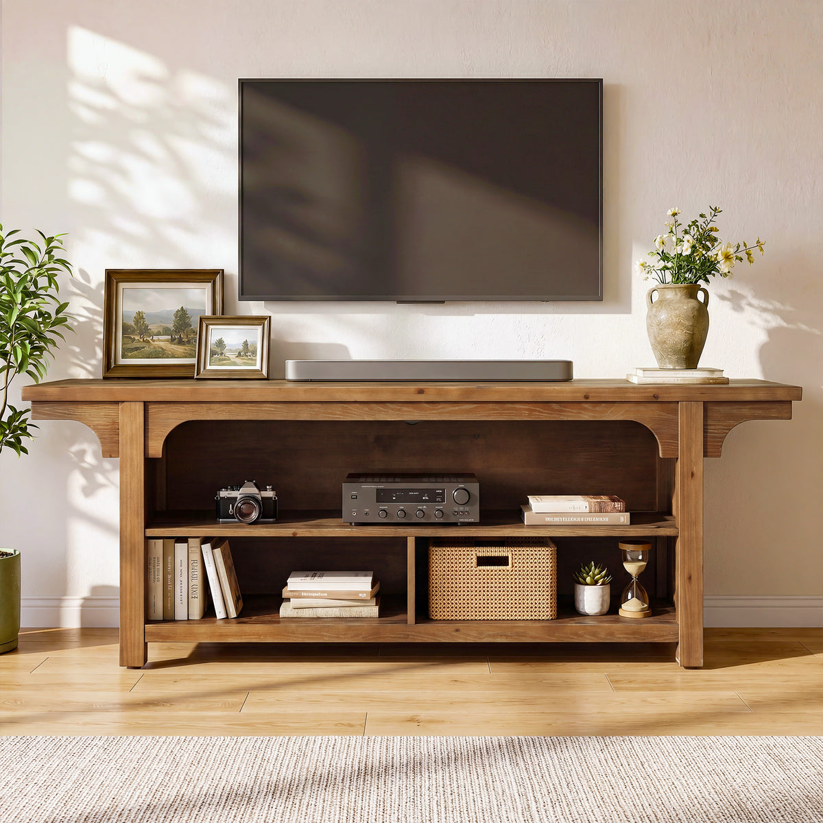 160cm TV Stand, Solid Wood Media Console with 3 Open Shelves for TVs up to 70"
