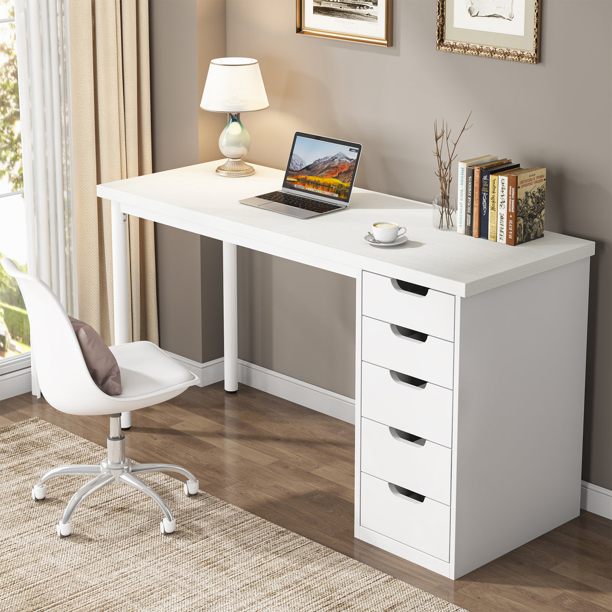 120cm Computer Desk, 5-Drawer Modern Study Table Writing Desk