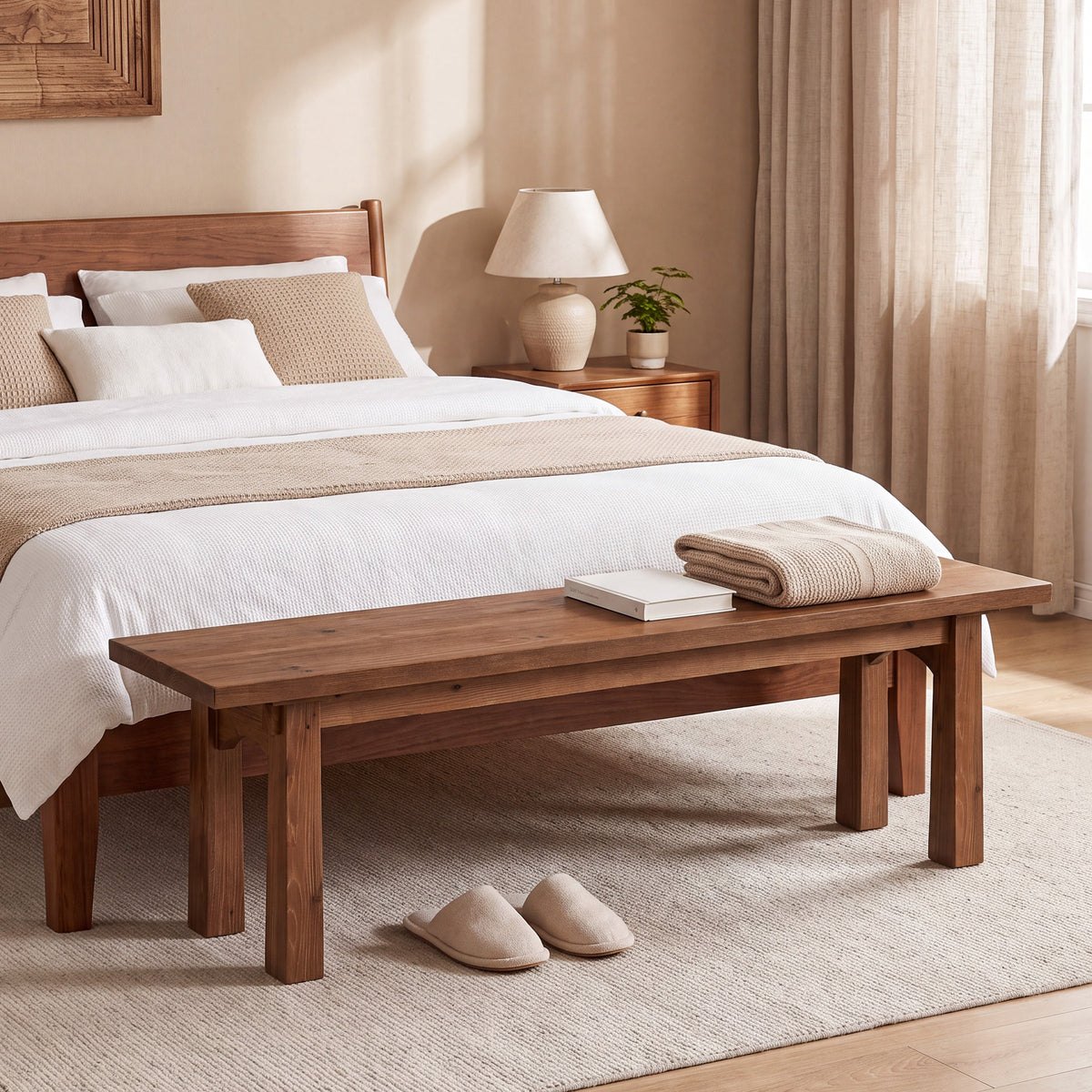 140cm Entryway Bench, Solid Wood Farmhouse Shoe Bench for Hallway & End of Bed