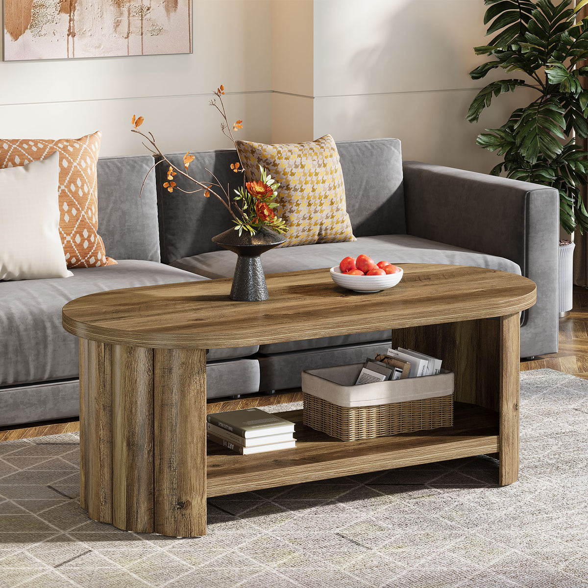 120cm Oval Coffee Table, Storage Shelf for Living Room