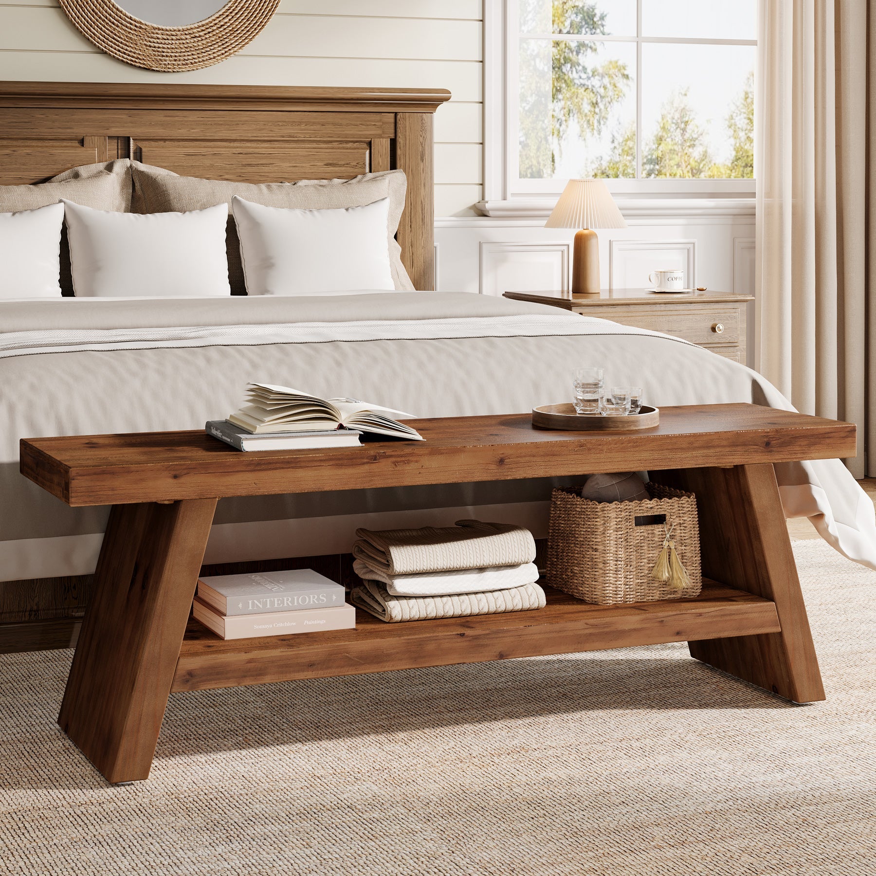 47" 2-Tier Entryway Bench, Solid Wood Shoe Bench with Open Shelves