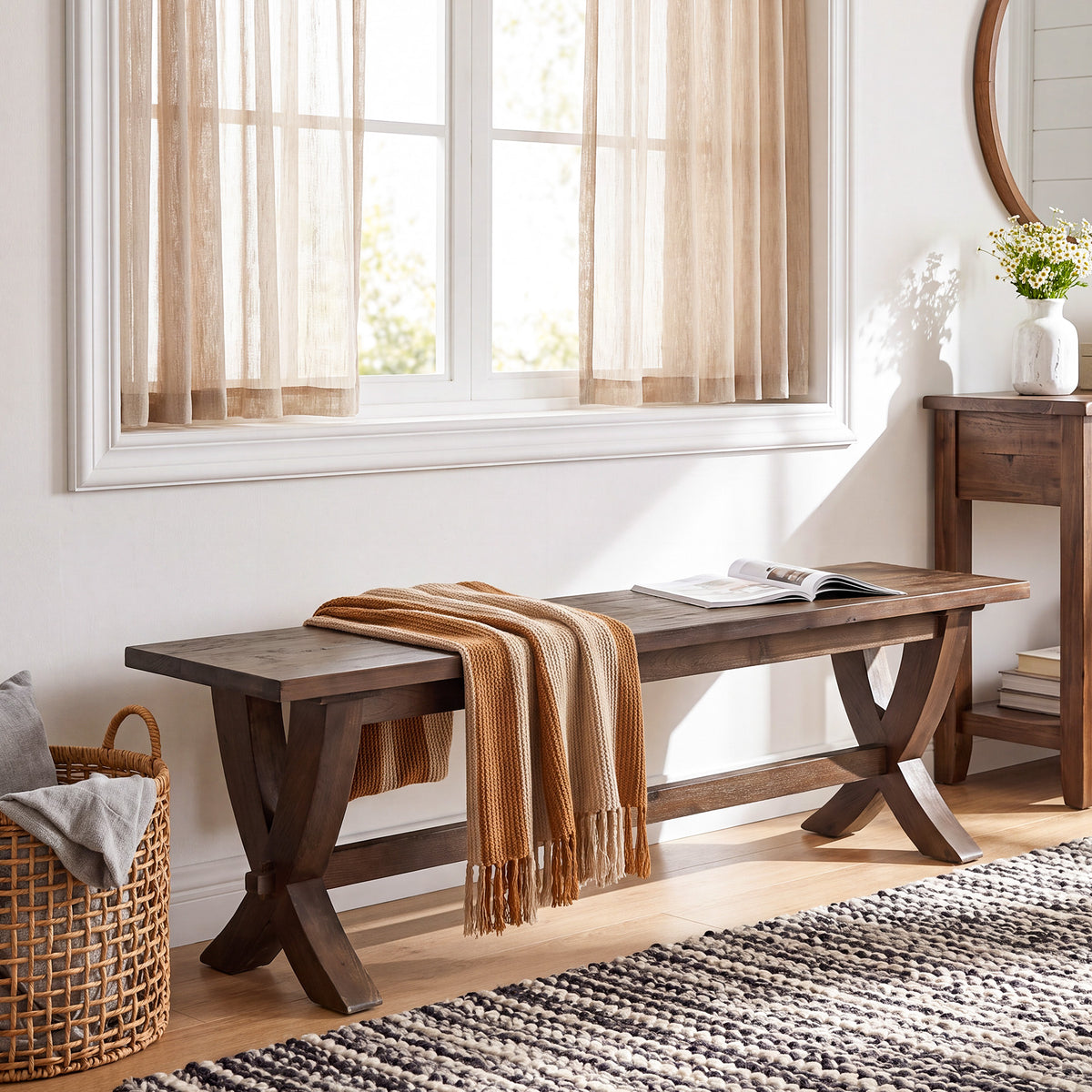 150cm Entryway Bench, Farmhouse Wooden Bench with X-Frame Legs