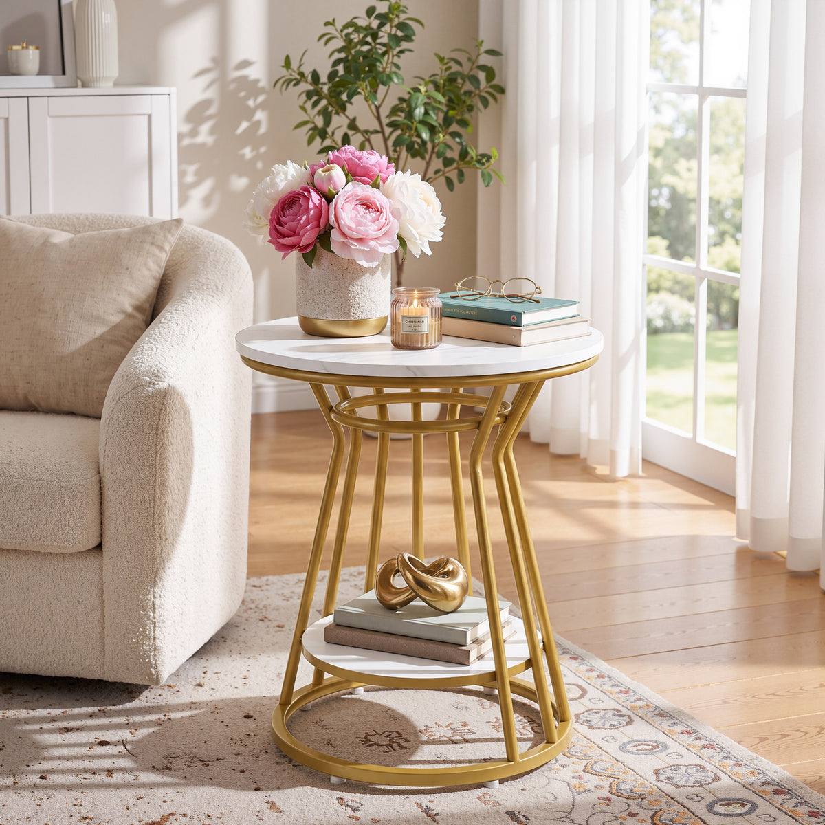 45cm Round End Table, 2-Tier Accent Side Table with Faux Marble Veneer & Metal Frame