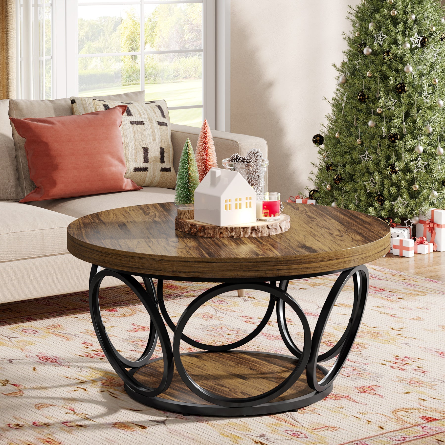 Farmhouse Coffee Table, Round Center Table with 2 Storage Shelves