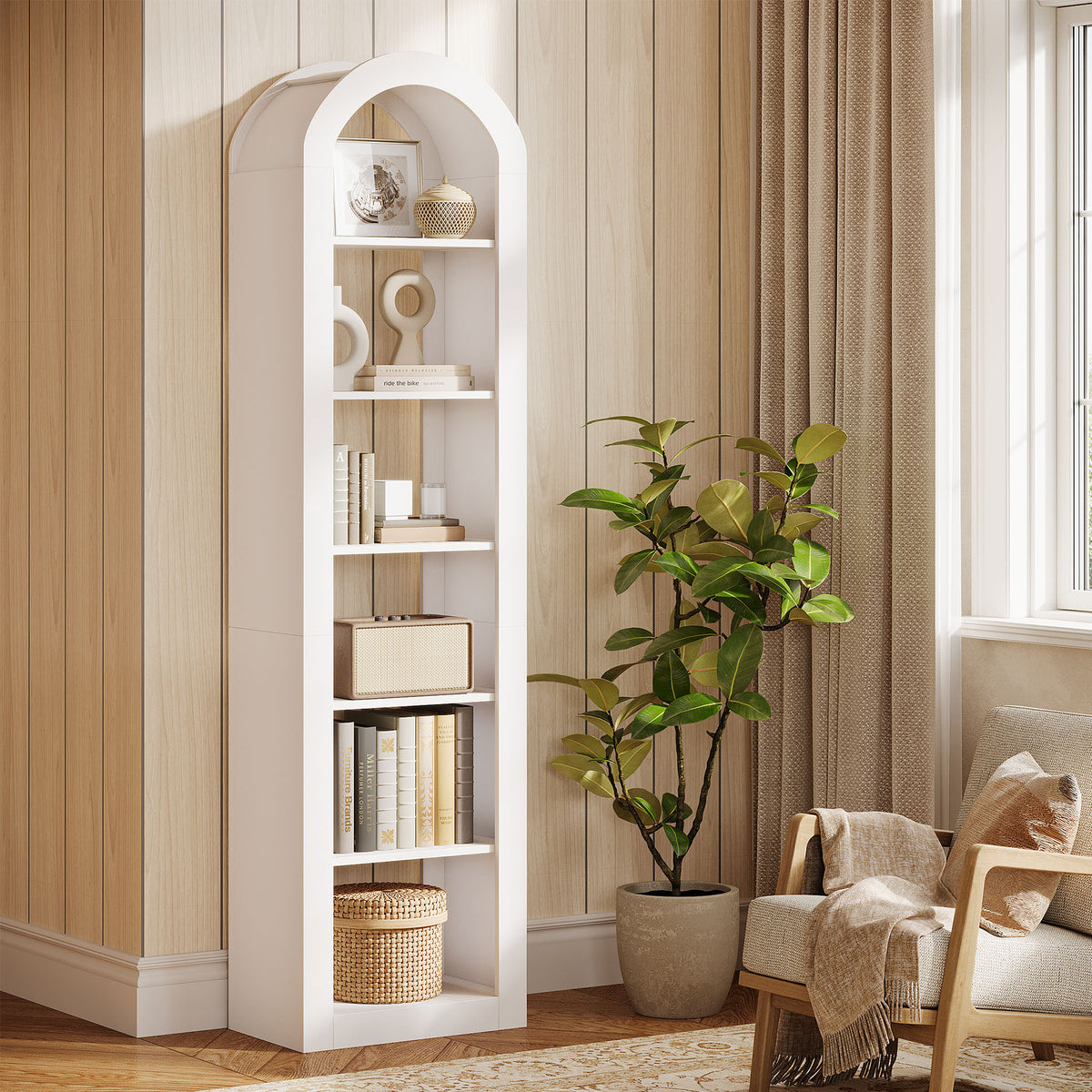 190cm Arched Bookshelf, 6-Tier Narrow White Storage Rack