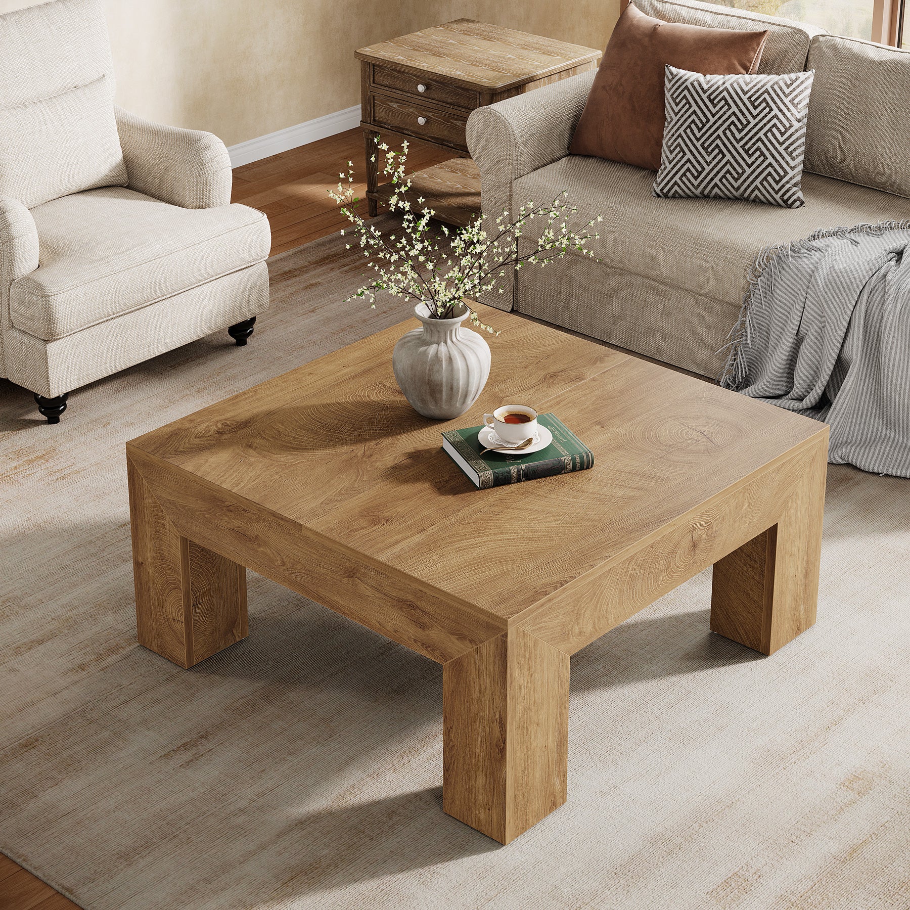 39" Square Farmhouse Coffee Table, Tea Table with Sturdy Wood Legs