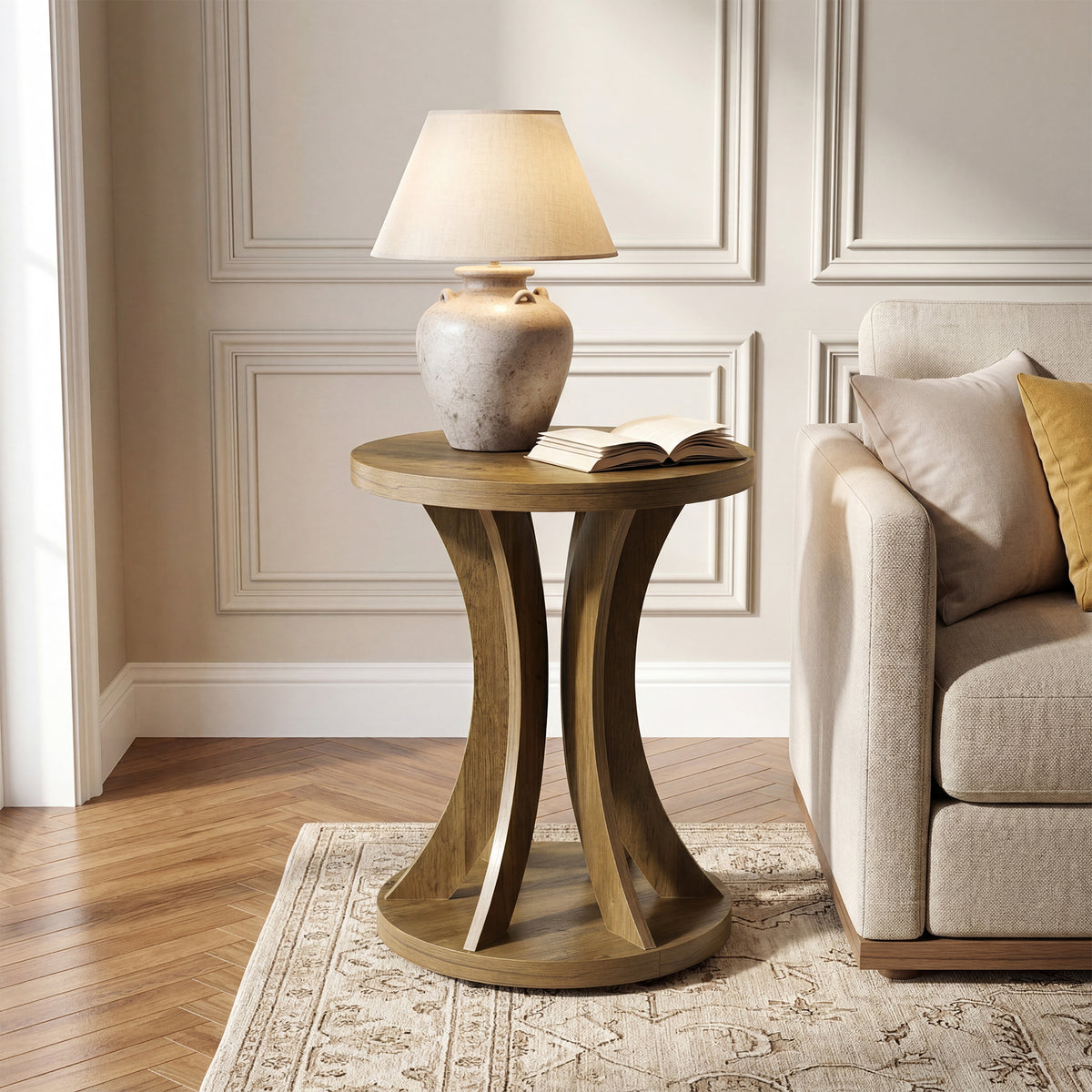 45cm Round Side Table, Farmhouse Curved End Table for Living Room