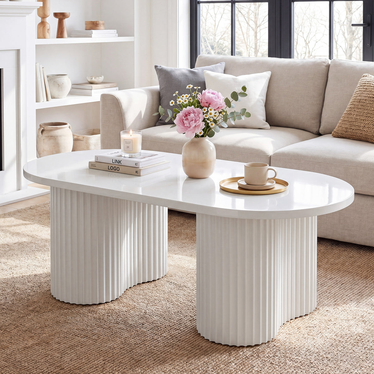 120cm Oval Coffee Table, Modern White Fluted Centre Table for Living Room & Office