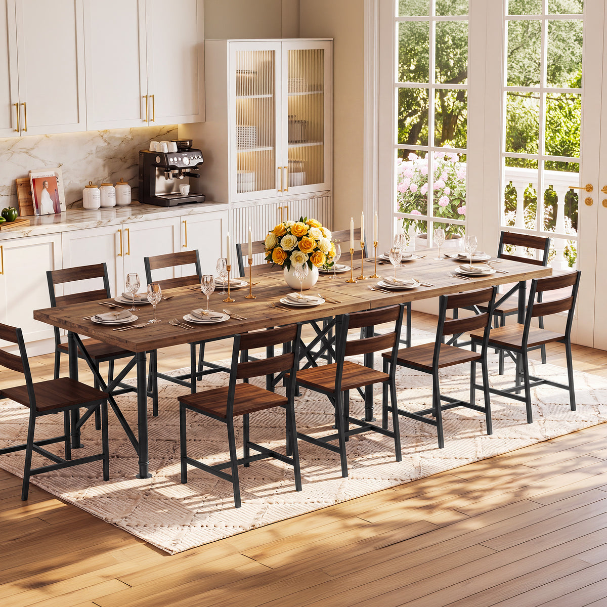 160cm Dining Table, Solid Wood 4-6 Seater with X-Frame Metal Legs