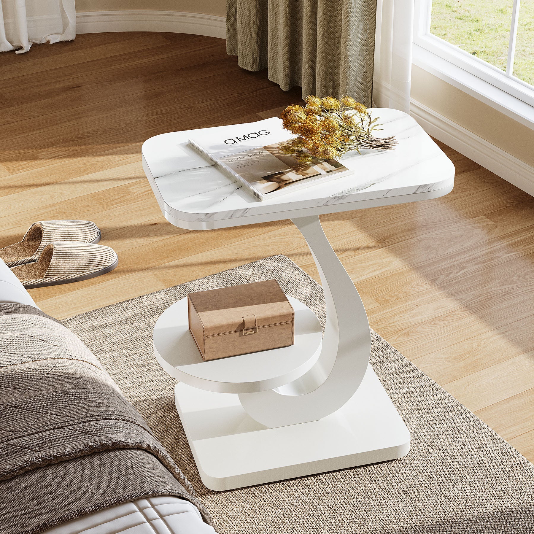 23.62" C-Shaped End Table with Faux Marble Top, Modern 2-Tier Side Table for Sofa and Bed