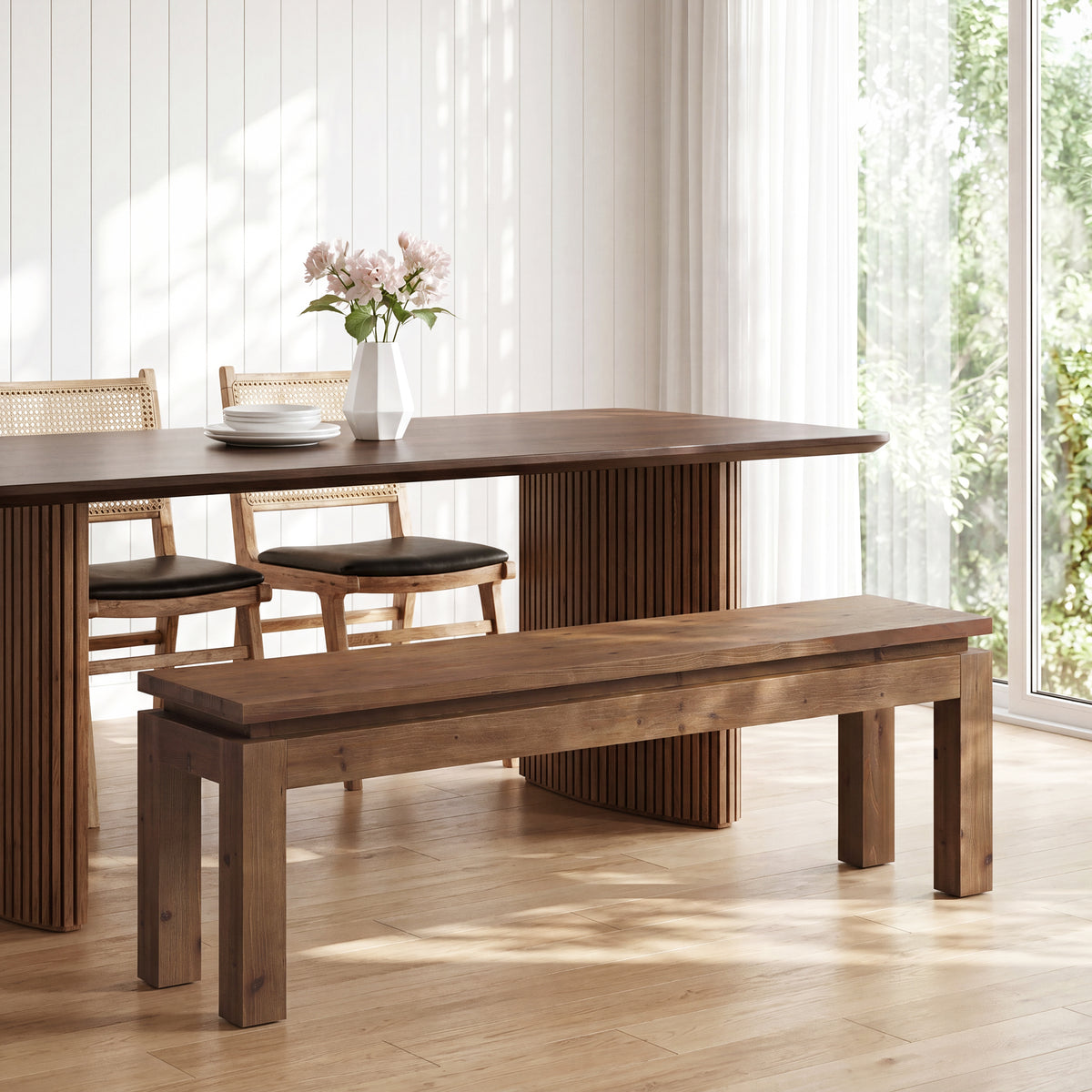 Tribesigns Solid Wood Bench 150 cm, Country-style dining bench with block legs