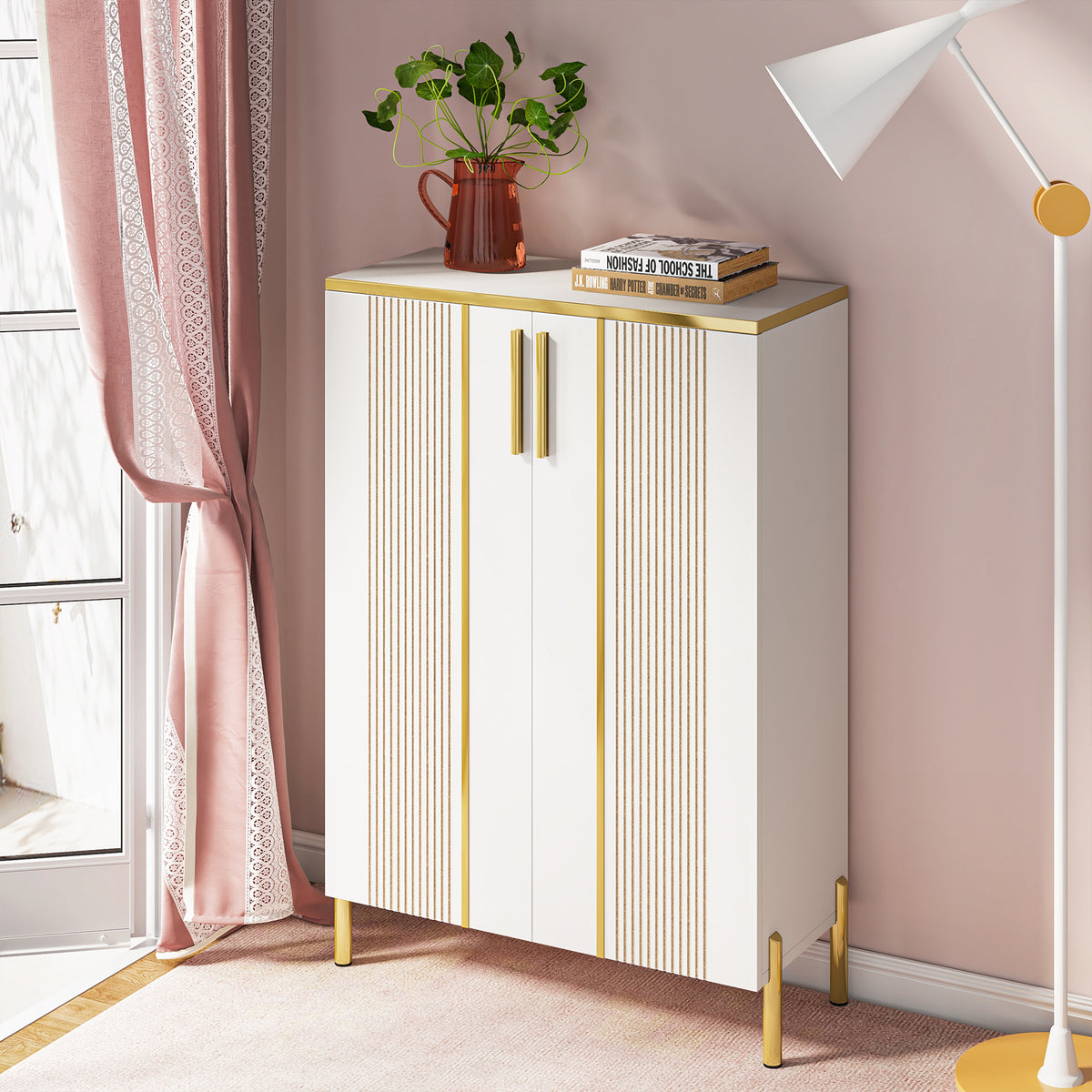 100cm Shoe Cabinet, White 6-Shelf Storage Cabinet with Gold Accents