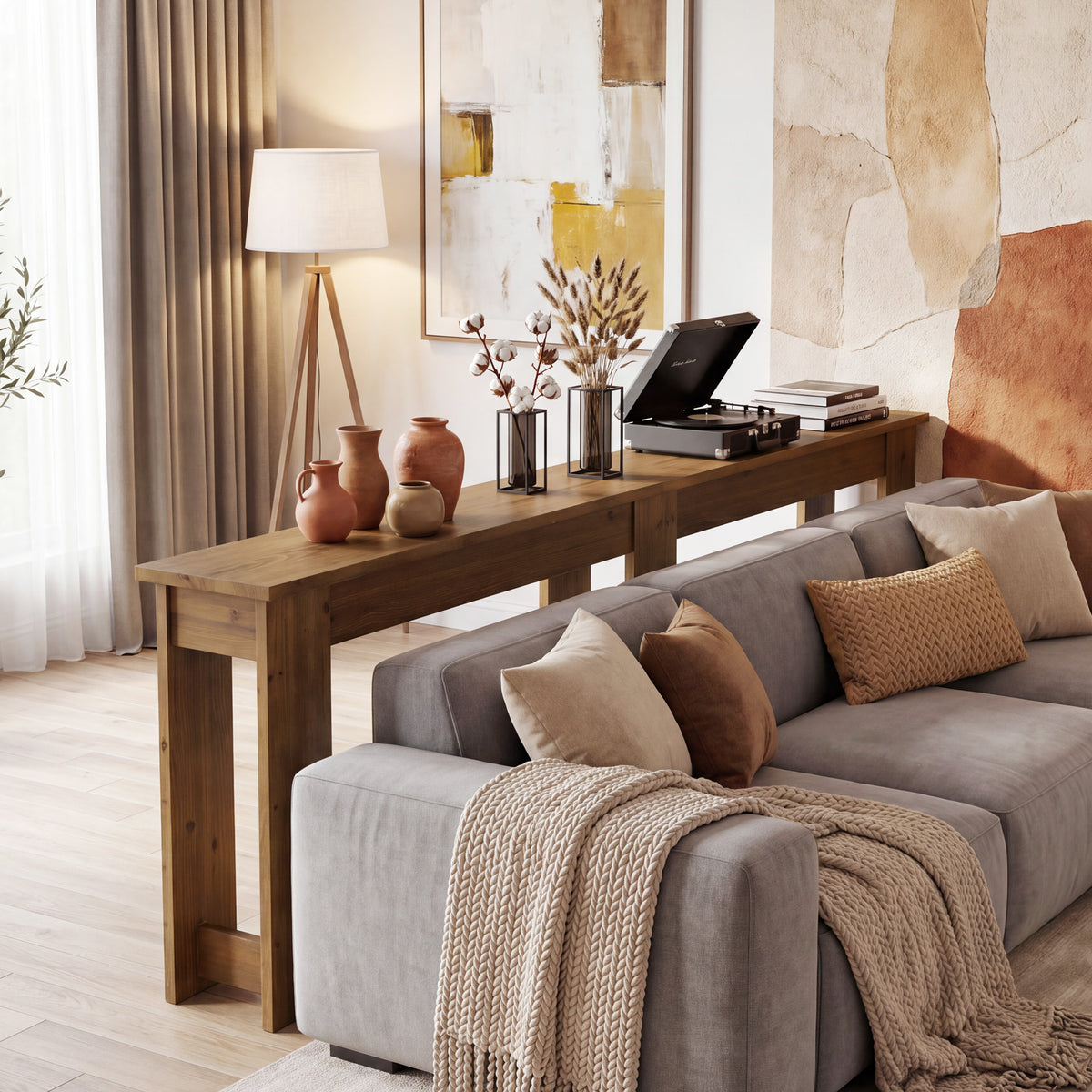 200cm Console Table, Extra Long Solid Pine Bench Table with 6 Legs