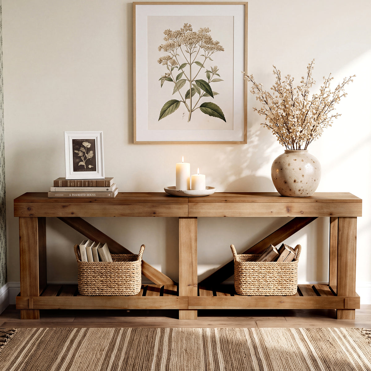 200cm Console Table, Solid Wood Narrow Sofa Table with Open Slatted Shelf for Entryway