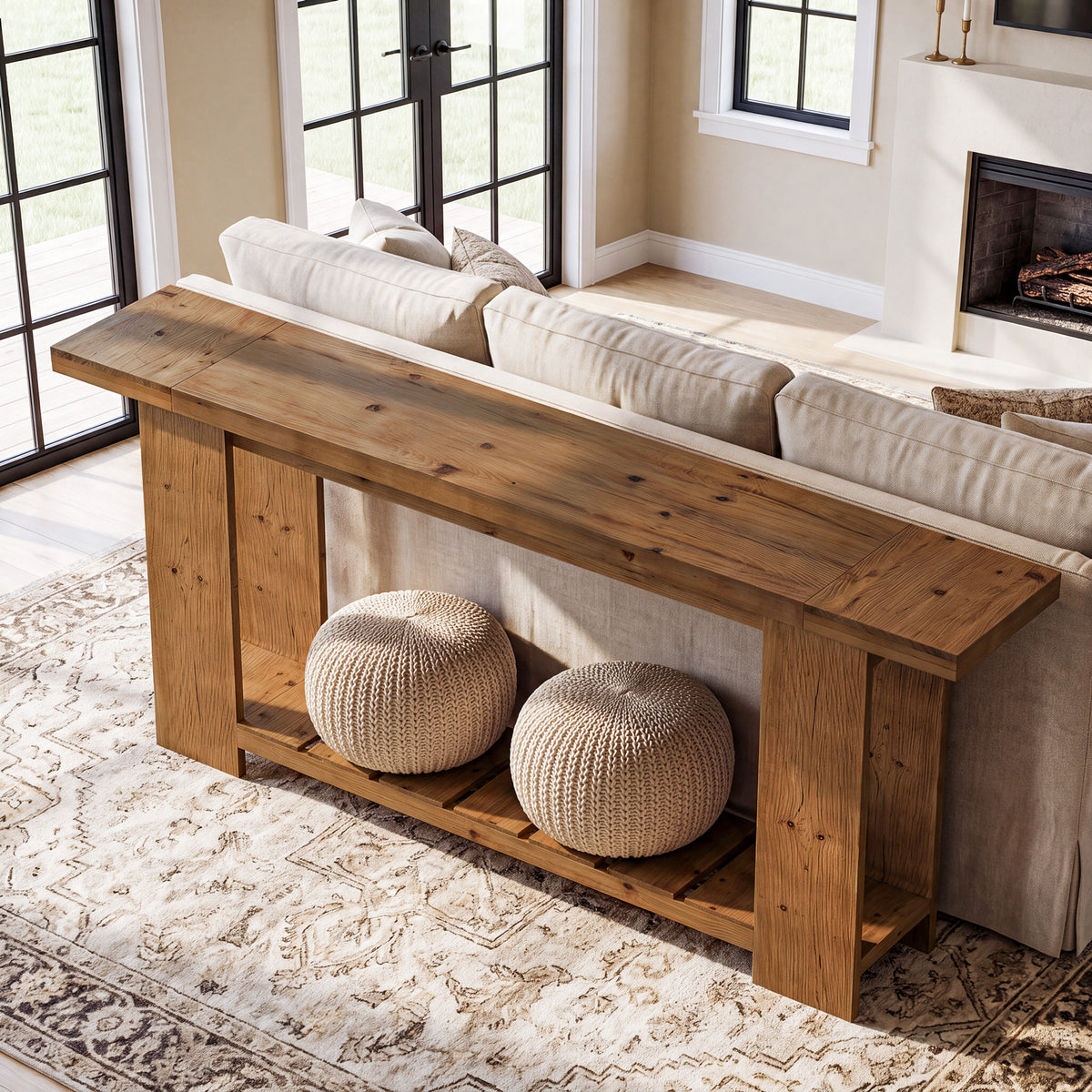 200cm Console Table, Solid Wood Farmhouse Sofa Entryway Table with 2-Tier Storage