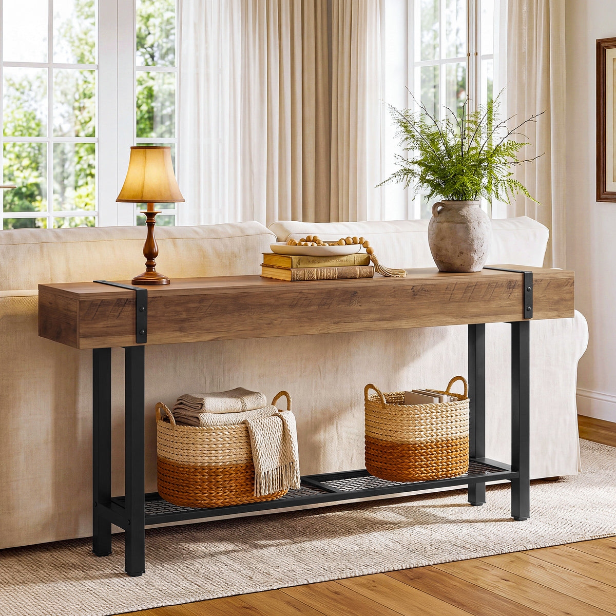160cm Console Table, Industrial 2-Tier Behind Couch Sofa Table for Entryway Living Room
