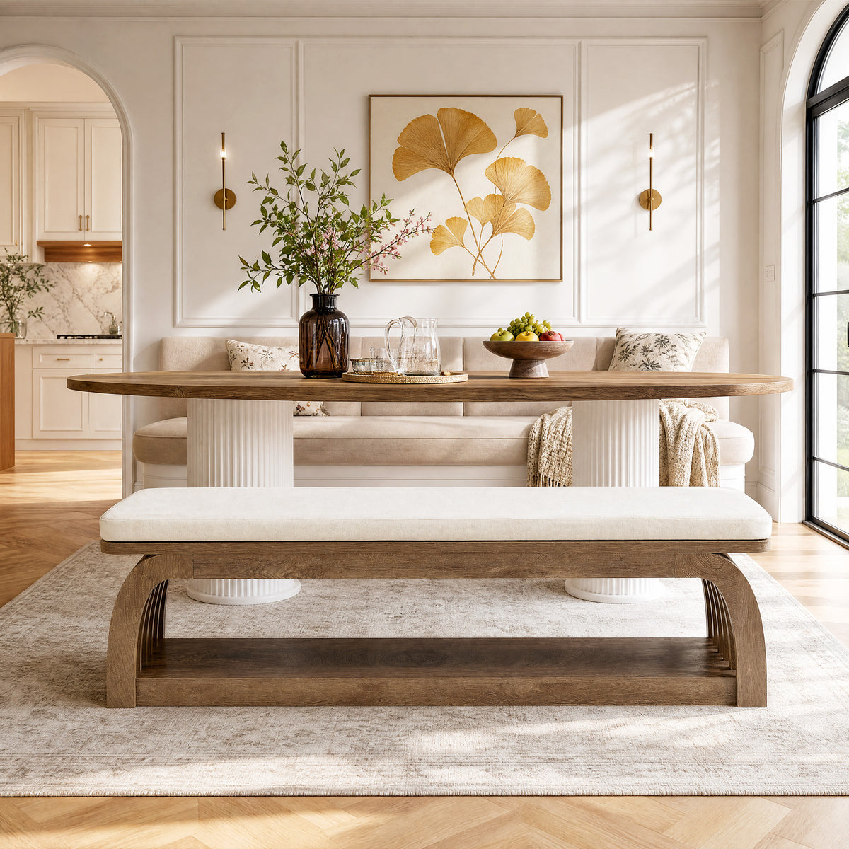 140cm Dining Bench, Upholstered 2-Tier Farmhouse Kitchen Bench with Hollow Legs