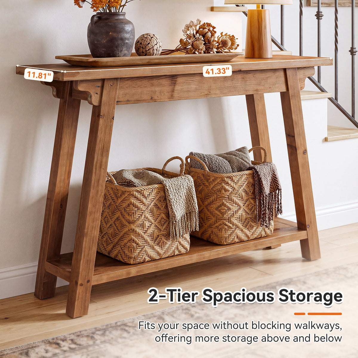 105cm Console Table, 2-Tier Solid Wood Farmhouse Entryway Table with A-Frame
