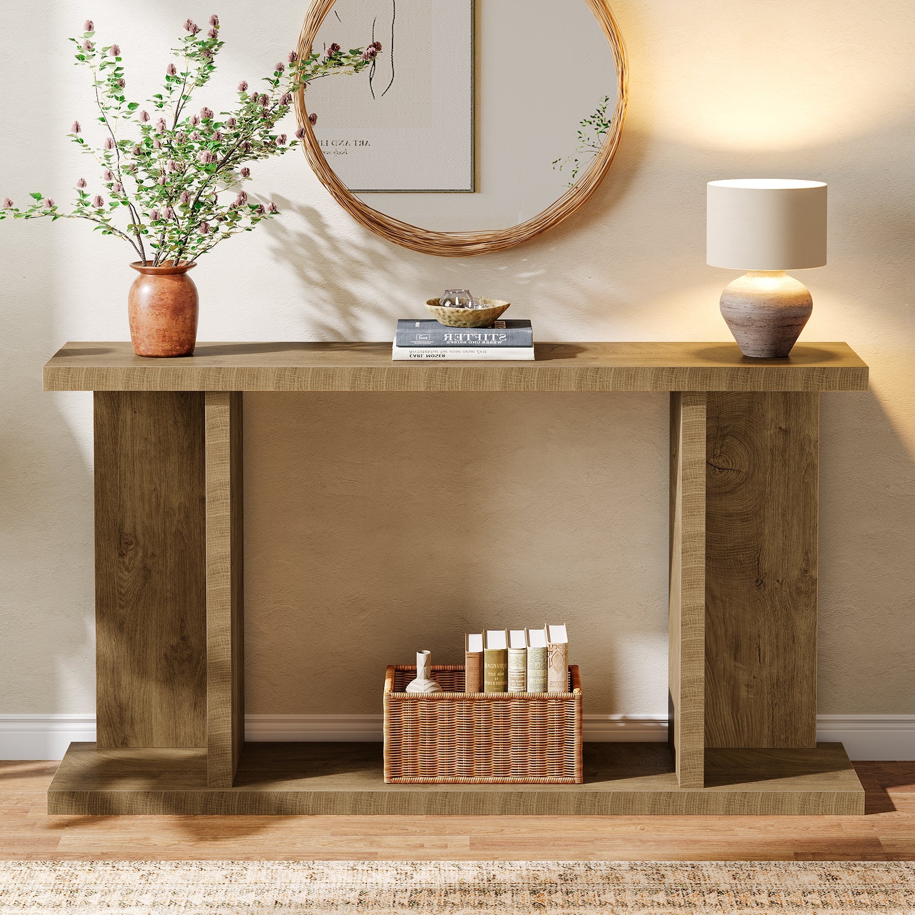 140cm Console Table, 2-Tier Farmhouse Entryway Sofa Table Behind Couch