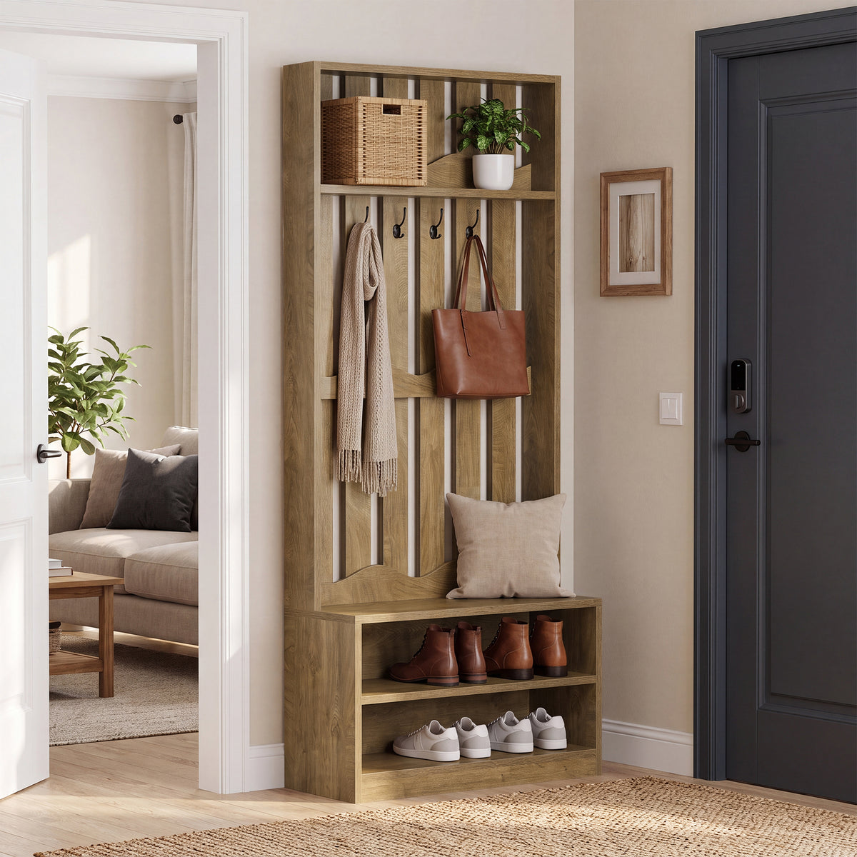 182cm Hall Tree, Farmhouse Entryway Storage with Bench & 4 Coat Hooks