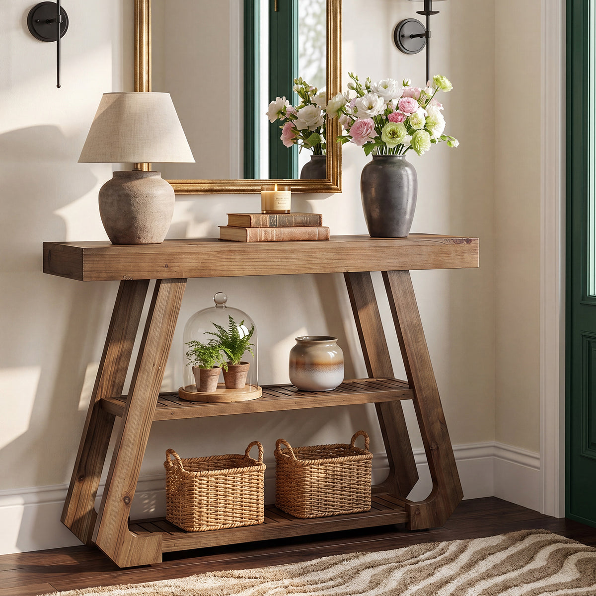 105cm Console Table, Solid Wood 3-Tier Rustic Hallway Table with A-Frame