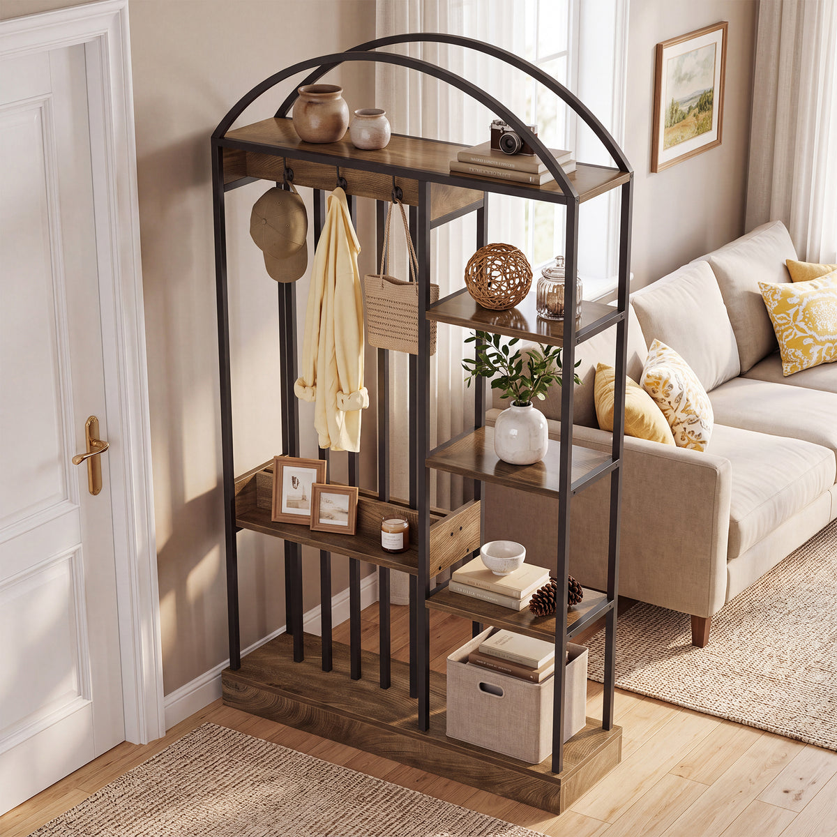 181cm Wall Room Divider, Freestanding Metal Frame MDF Shelves for Living Room