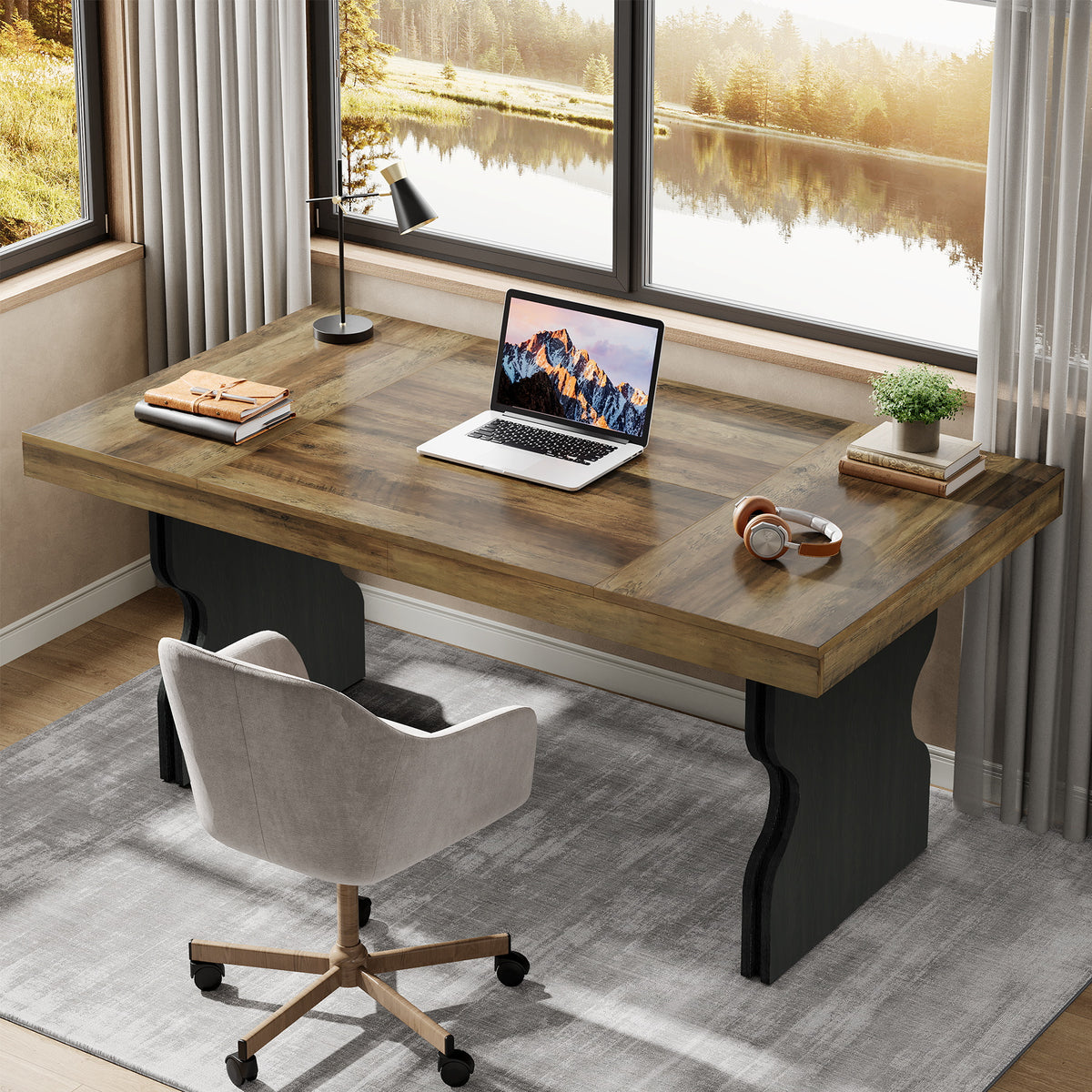160cm Executive Desk, Farmhouse Wooden Home Office Desk with Hourglass Legs