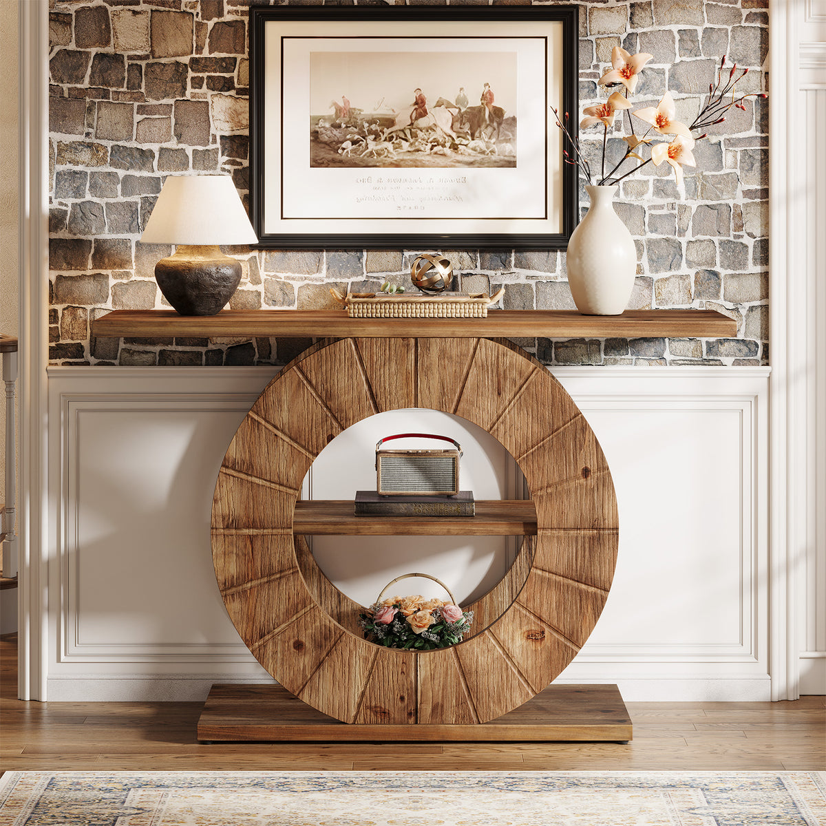 105cm Console Table, Solid Wood 3-Tier Entryway Table with Circular Base