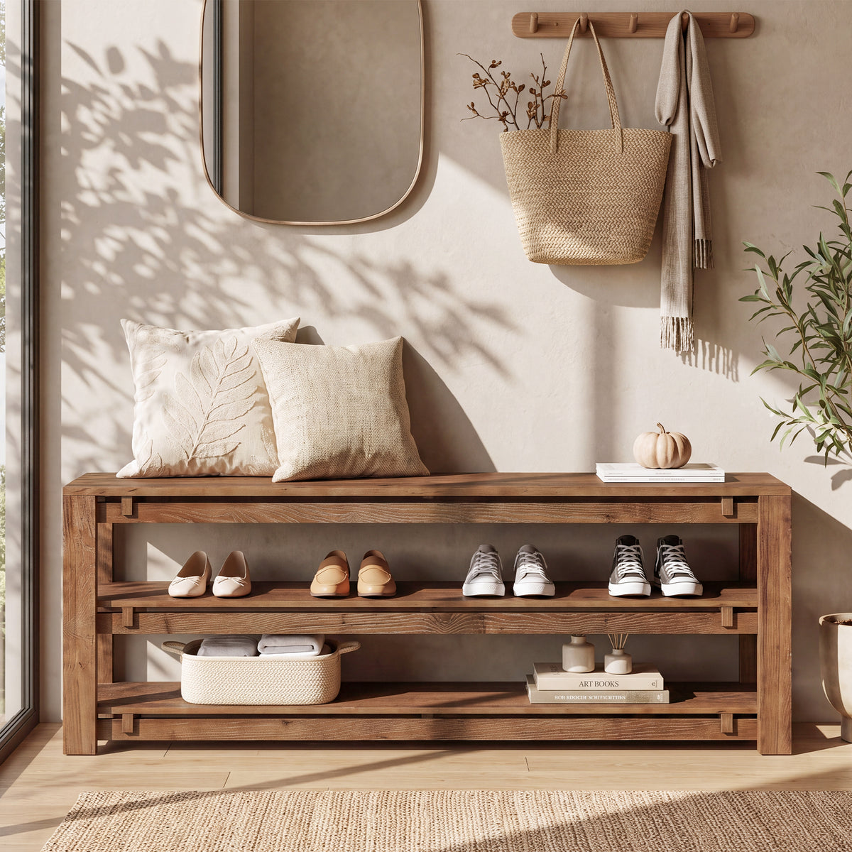 160cm Entryway Bench, 3-Tier Solid Wood Shoe Bench with Storage for Hallway Bedroom