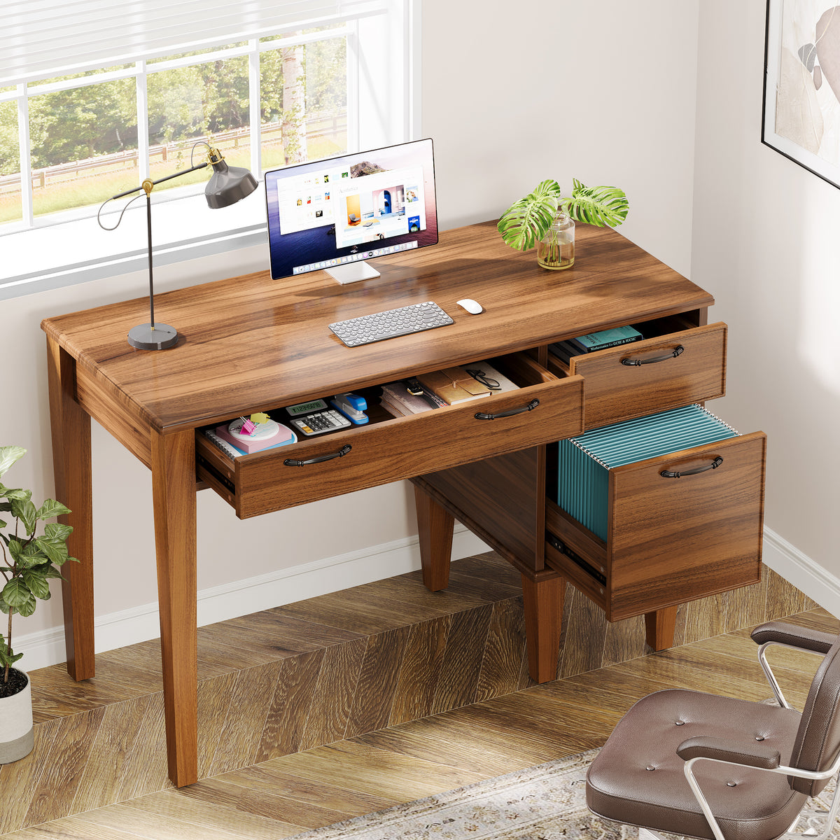 Tribesigns Computer Desk, Rustic Office Desk With File Cabinet