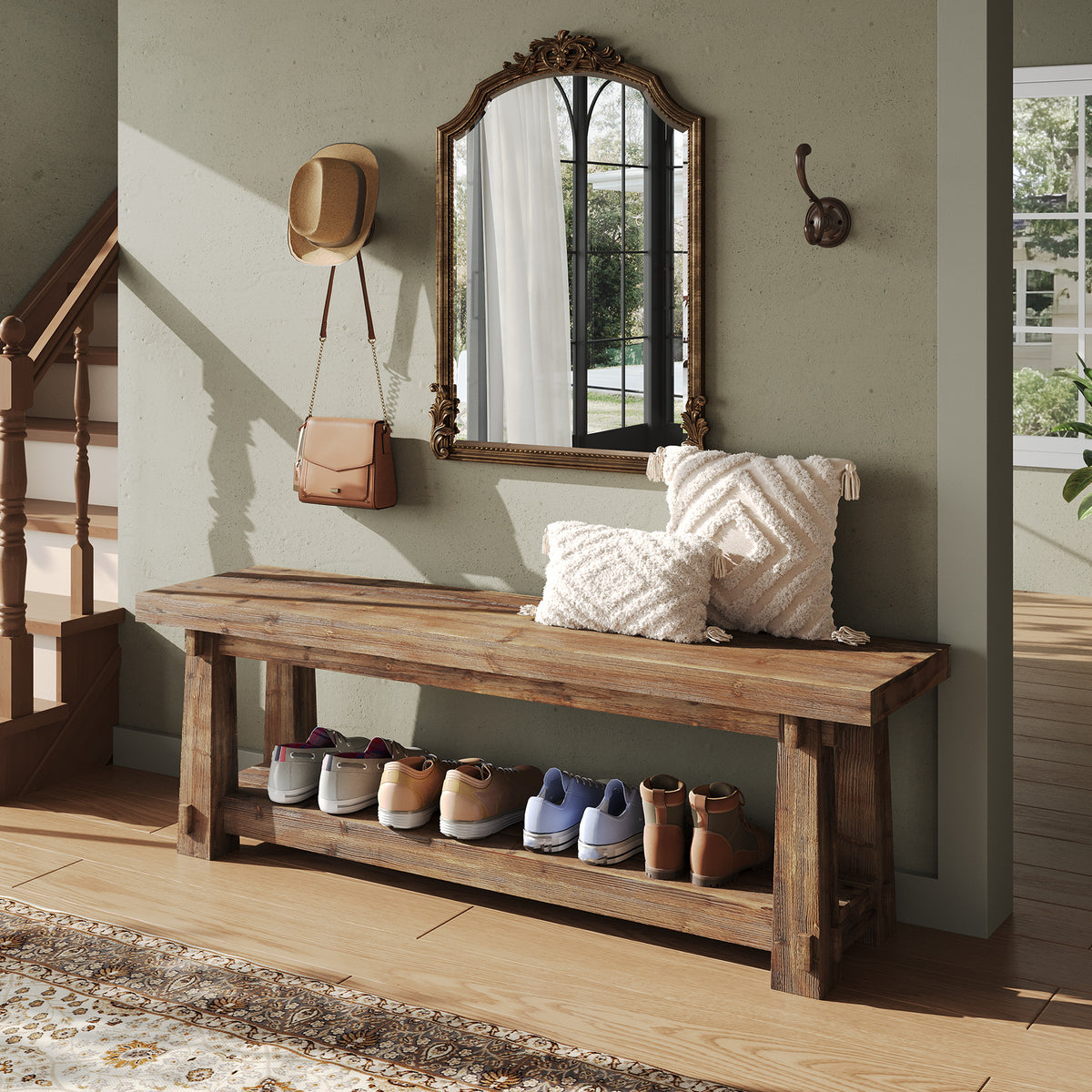 140cm Shoe Bench, Solid Wood Entryway Bench with Storage Rack