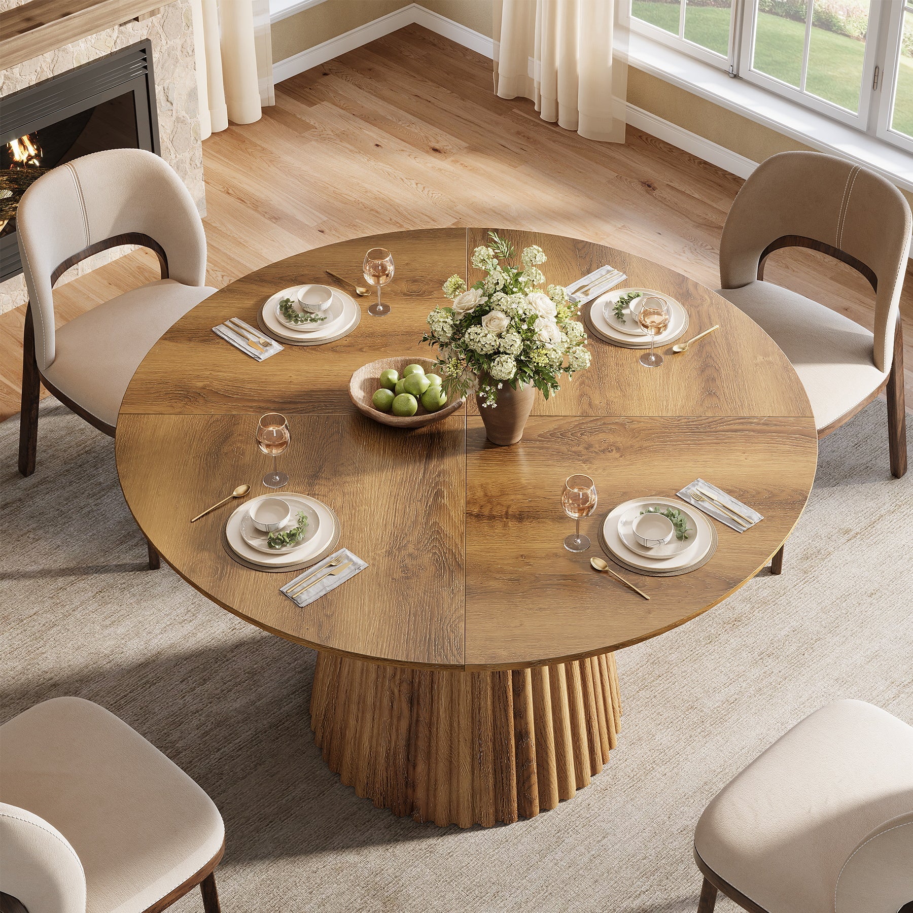 47.24" Round Dining Table, Kitchen Table with Fluted Design for 4-6