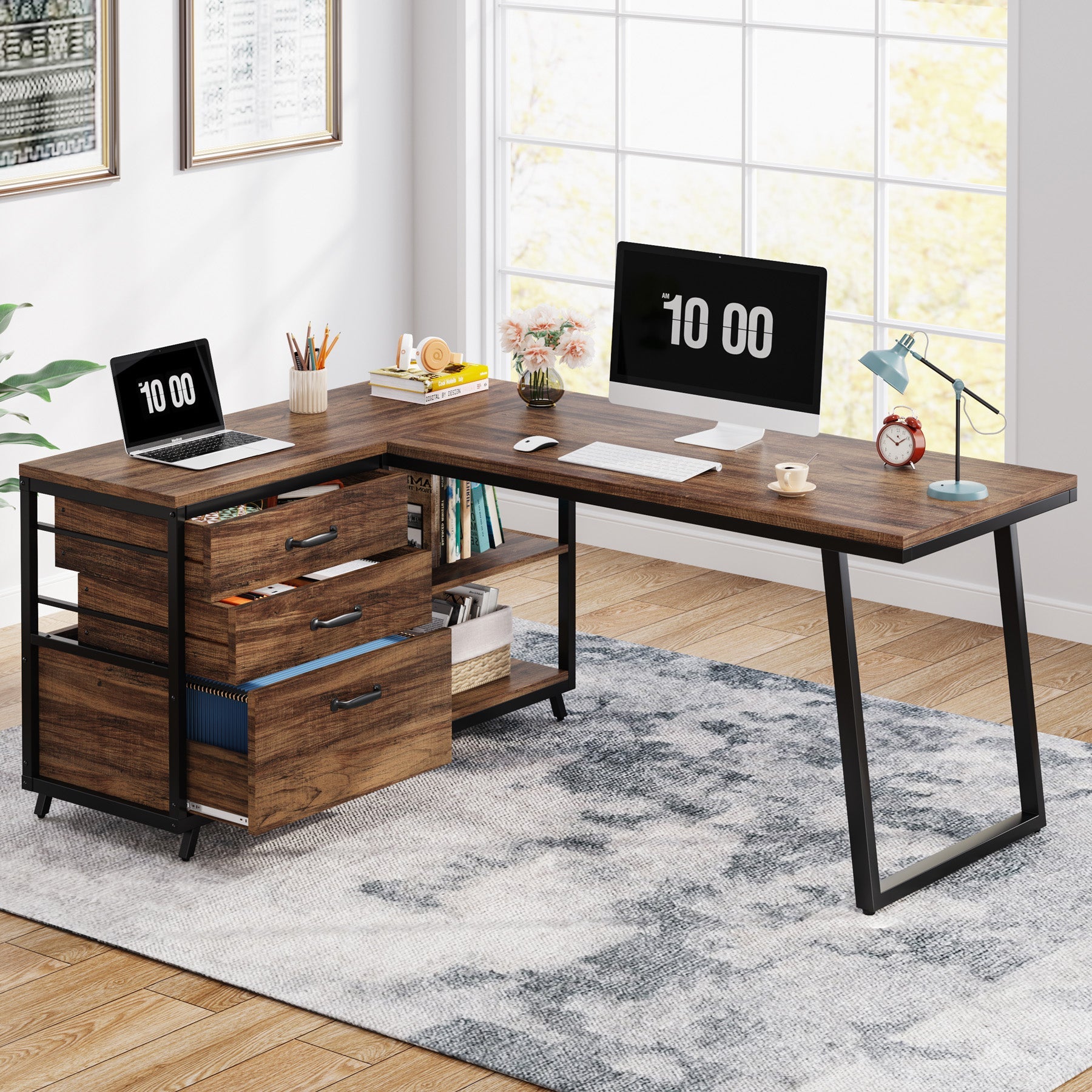 53" Reversible L-Shaped Computer Desk with 3 Drawers and Shelves