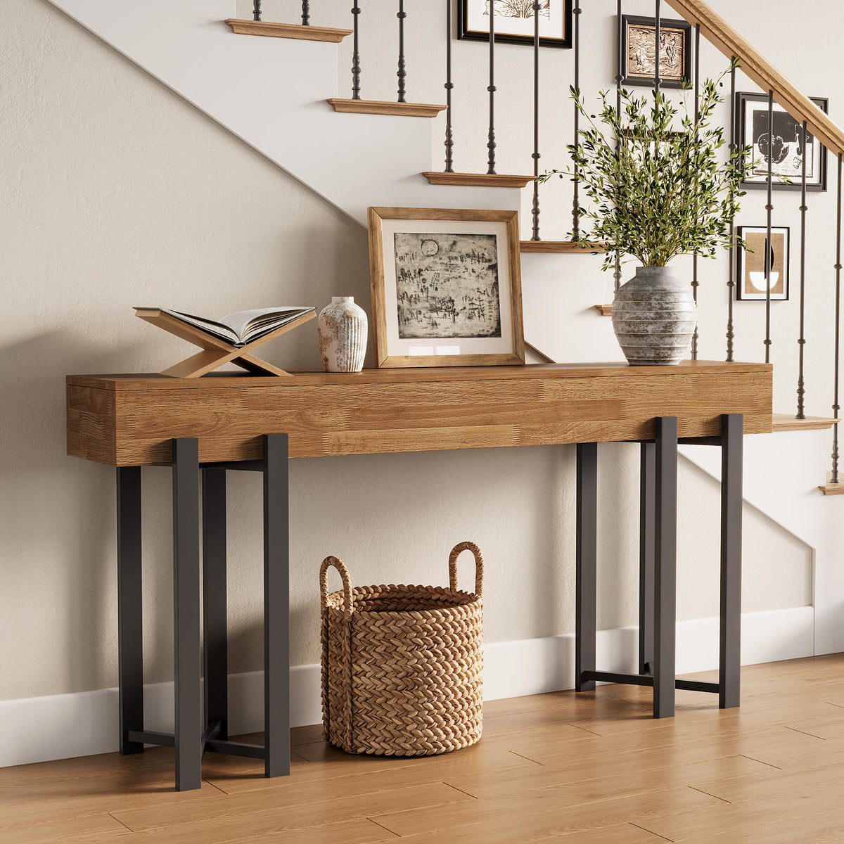 63" Industrial Console Table with Metal Frame, Wooden Sofa Table for Entryway and Living Room