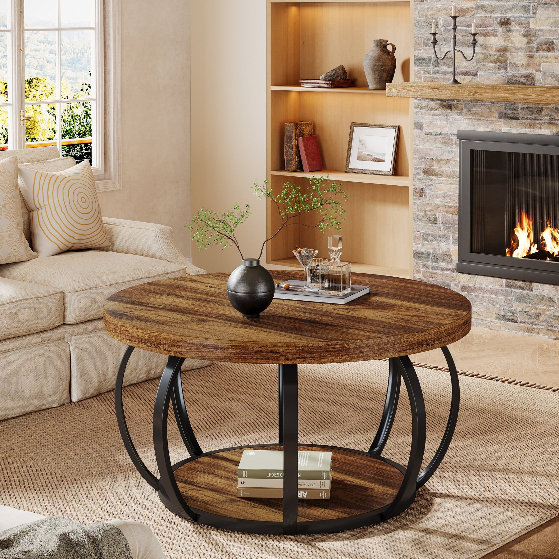31.5" Round Coffee Table, 2-Tier Farmhouse Center Table with Wood & Black Metal for Living Room