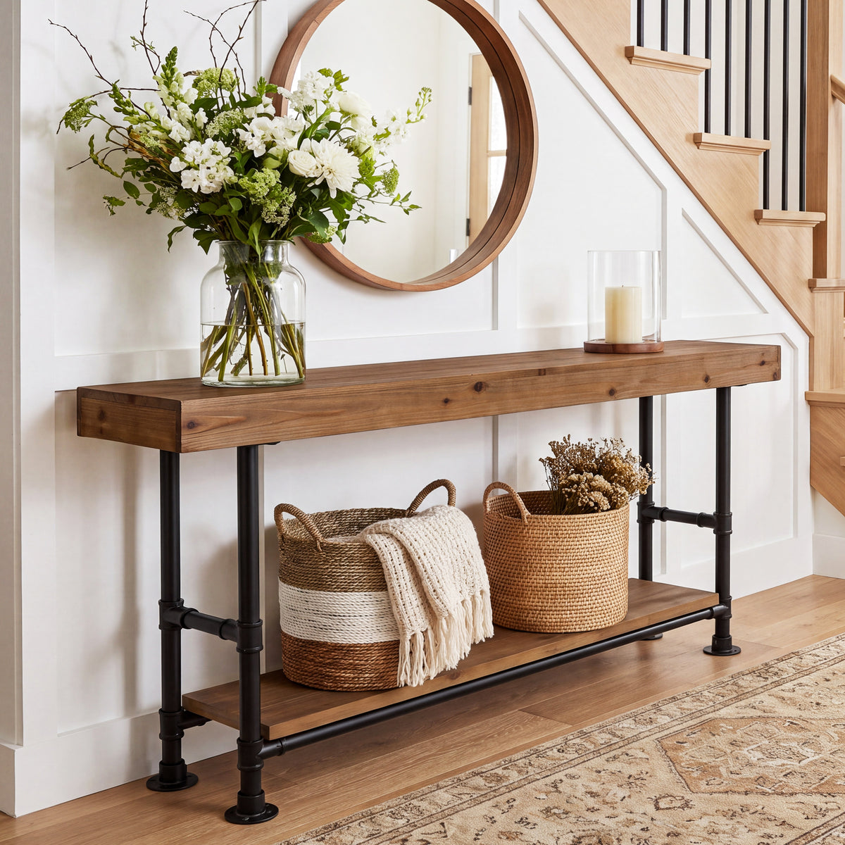 160cm Console Table, 2-Tier Solid Wood for Entryway & Hallway
