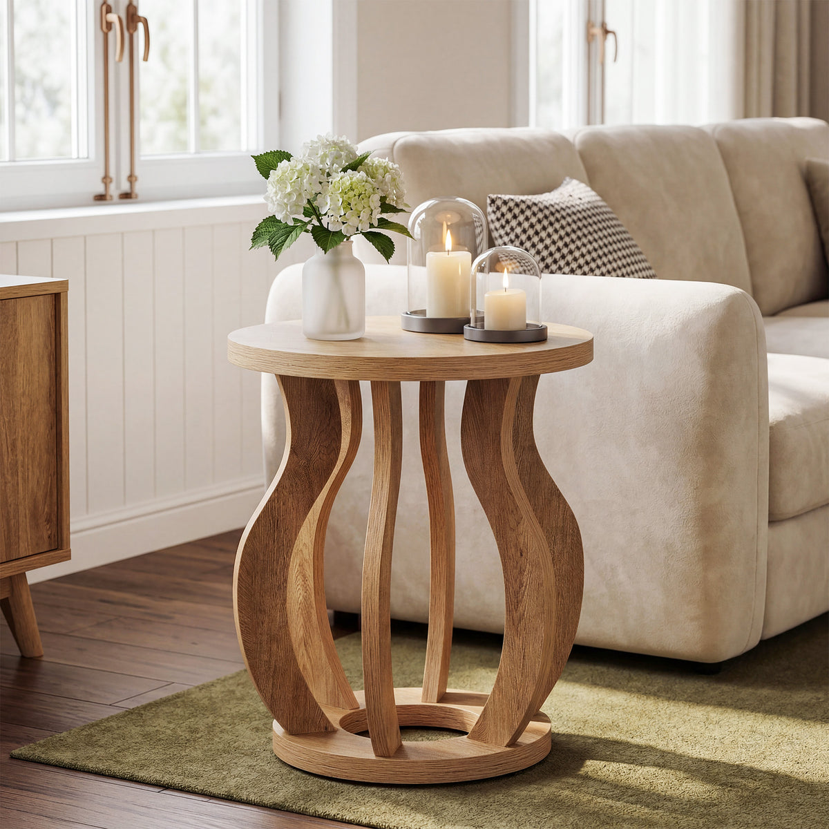 50cm Round Side Table, Curved Wooden Design for Small Spaces