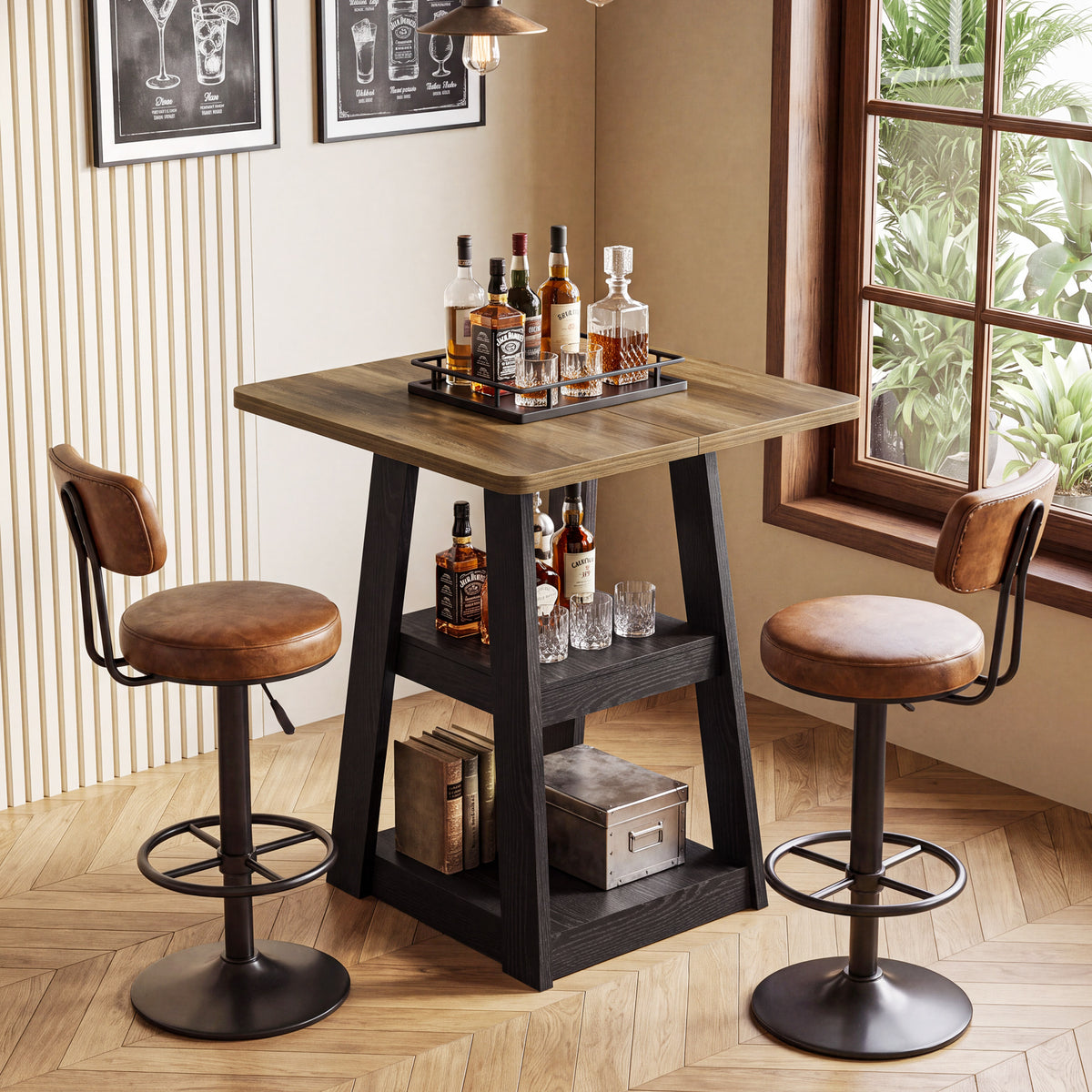 90cm Square Bar Table, Farmhouse Pub Table with 2-Tier Storage Shelves for Kitchen Dining Room