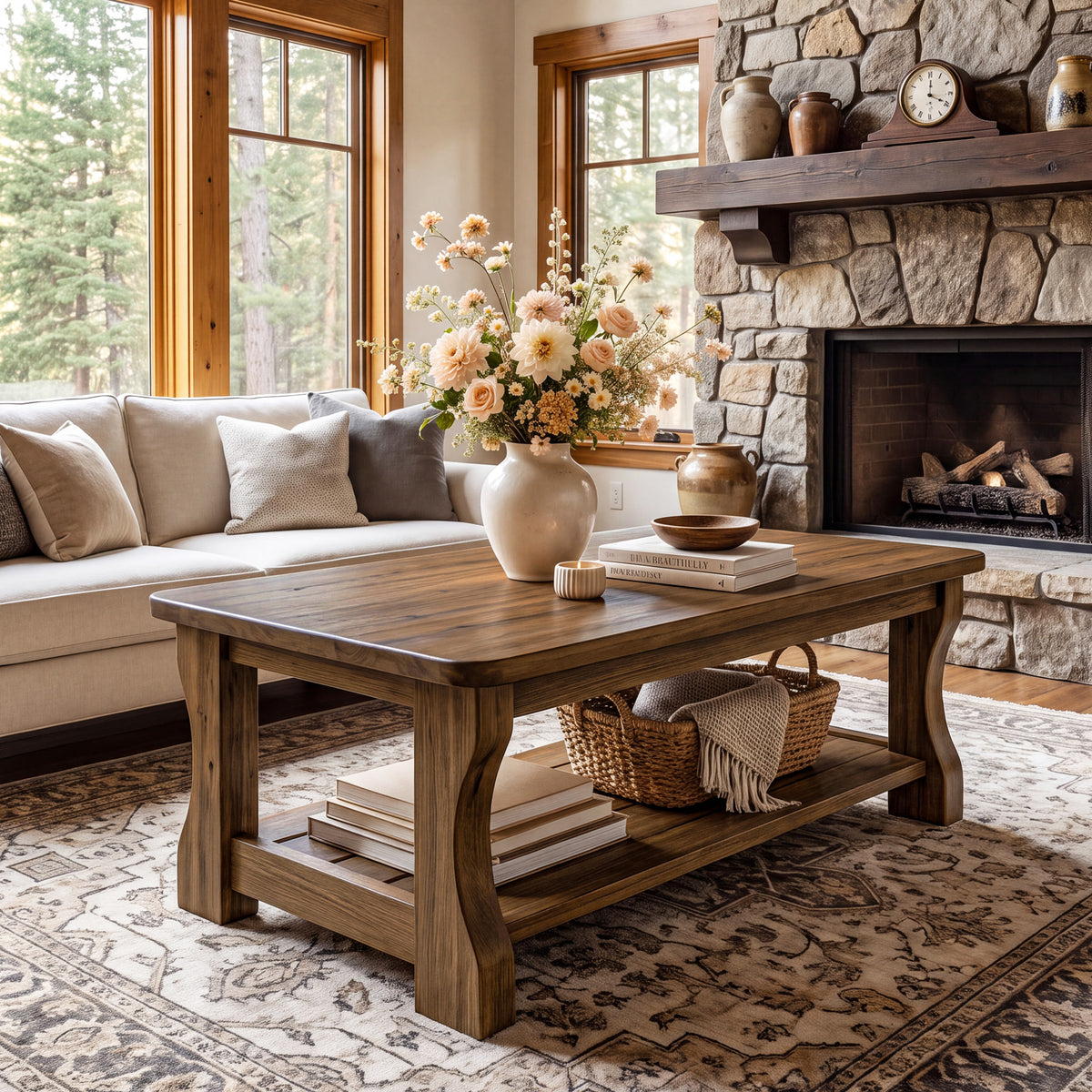 47" Solid Wood Coffee Table, Farmhouse 2-Tier Living Room Center Table, Dark Brown