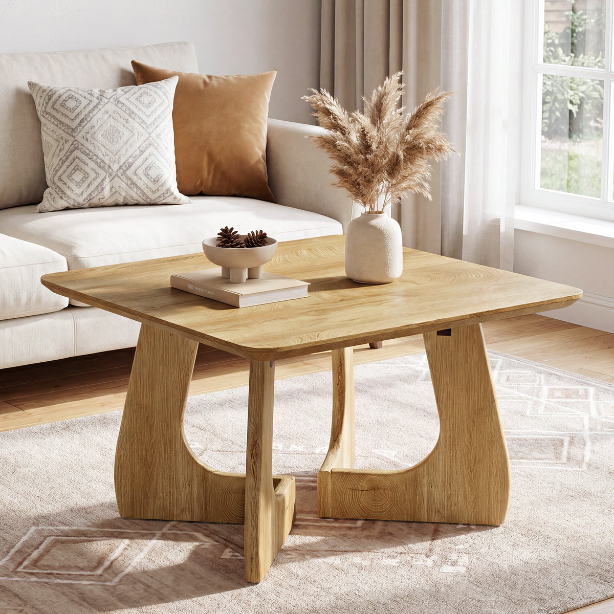 80cm Square Coffee Table, Modern Sculptural Wood Frame for Living Room