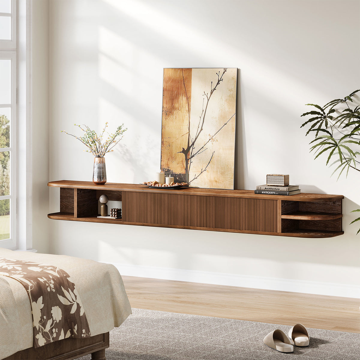 180cm Floating TV Stand, Solid Wood Media Console with Fluted Doors & Cable Management for 50-90" TVs