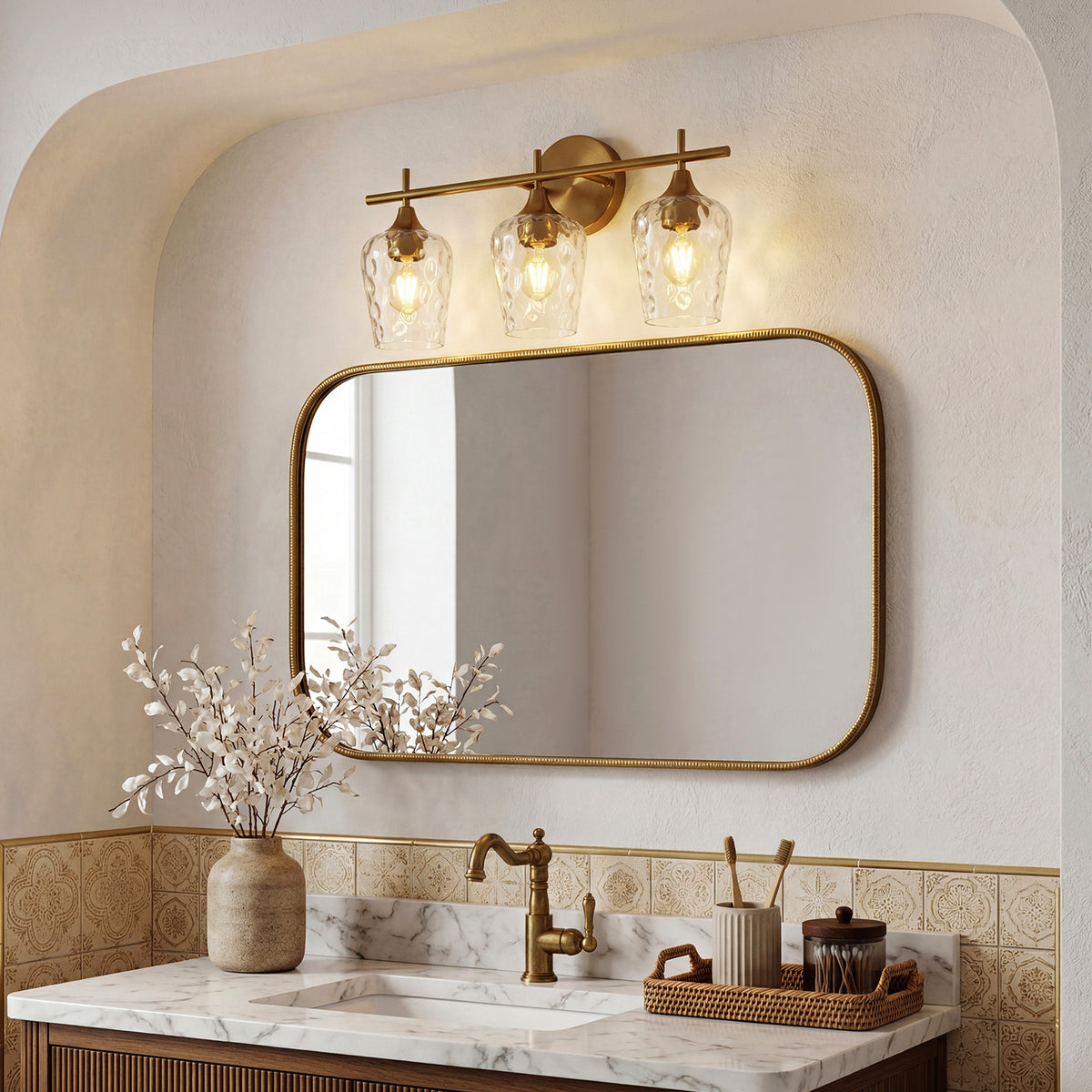 3-Light Gold Bathroom Vanity Light, Textured Glass Wall Sconce