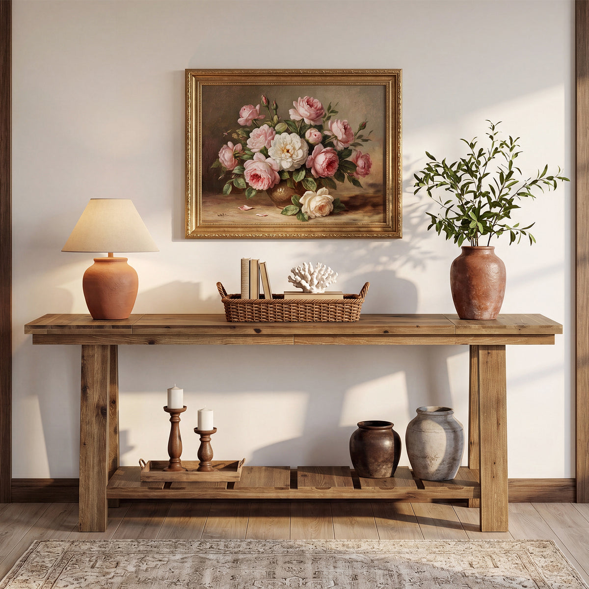 200cm Console Table, Long Farmhouse Entryway Table with 2-Tier Storage Shelf