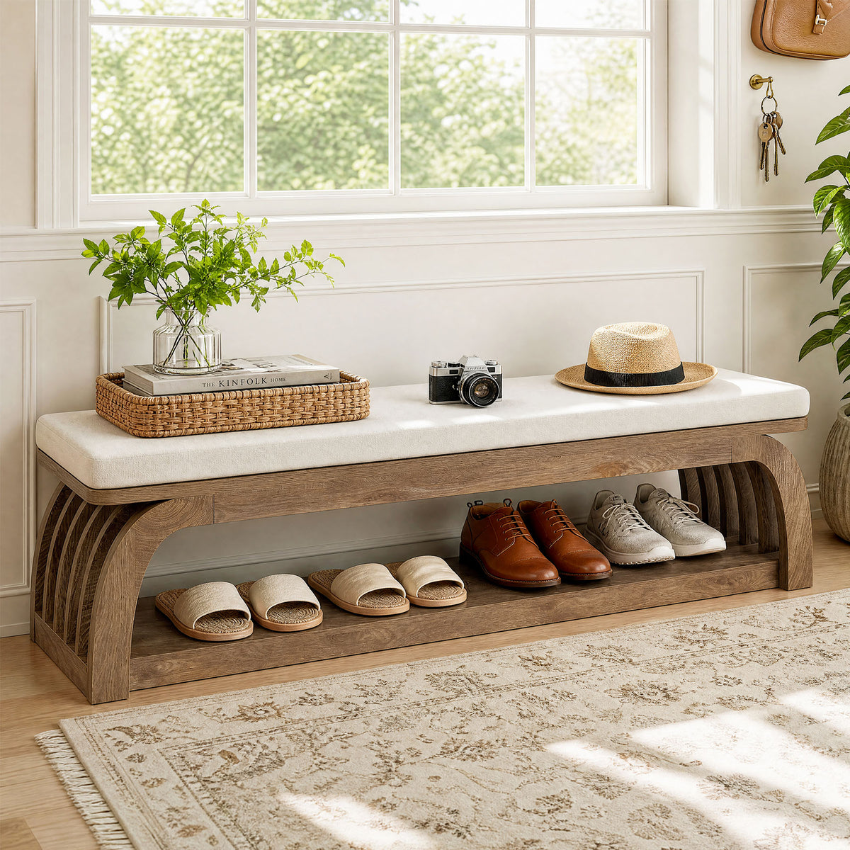 140cm Entryway Bench, Upholstered 2-Tier Shoe Storage with Hollow Legs for Hallway