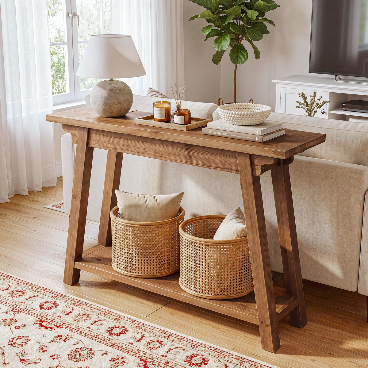 105cm Console Table, 2-Tier Solid Wood Farmhouse Entryway Table with A-Frame