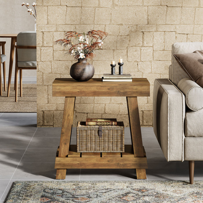 60cm Side Table, Country 2-Tier Wooden Nightstand for Living Room Bedroom